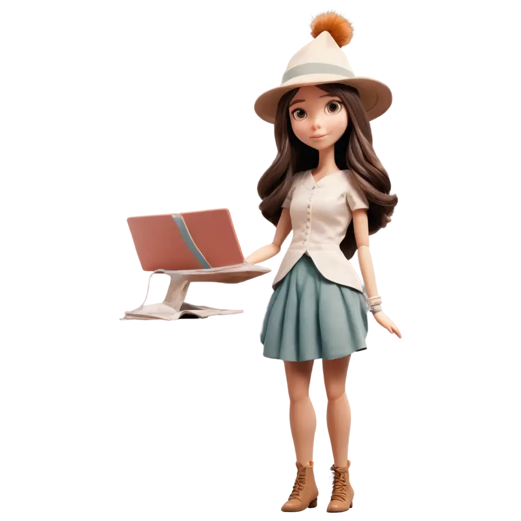 PNG-Image-of-a-Female-Cartoon-Doll-with-Long-Hair-and-Kobo-Hat-Artistic-Creation-for-Enhanced-Online-Presence