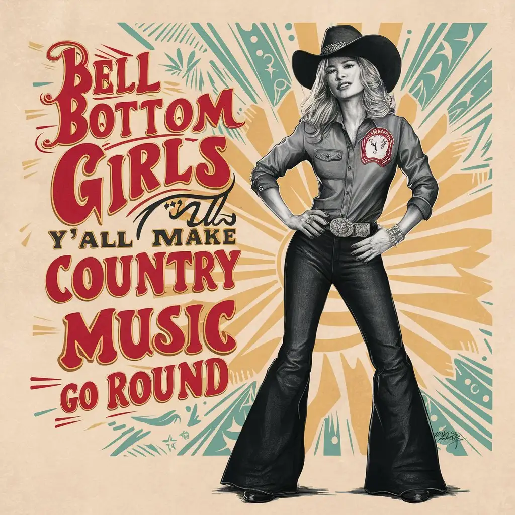a sketch of Lainey Wilson, wide butt, wearing bell bottoms, charlie 1 horse hat, country western shirt, vintage country and western  insignia as the background. text "Bell botton girls y'all make country music go round"