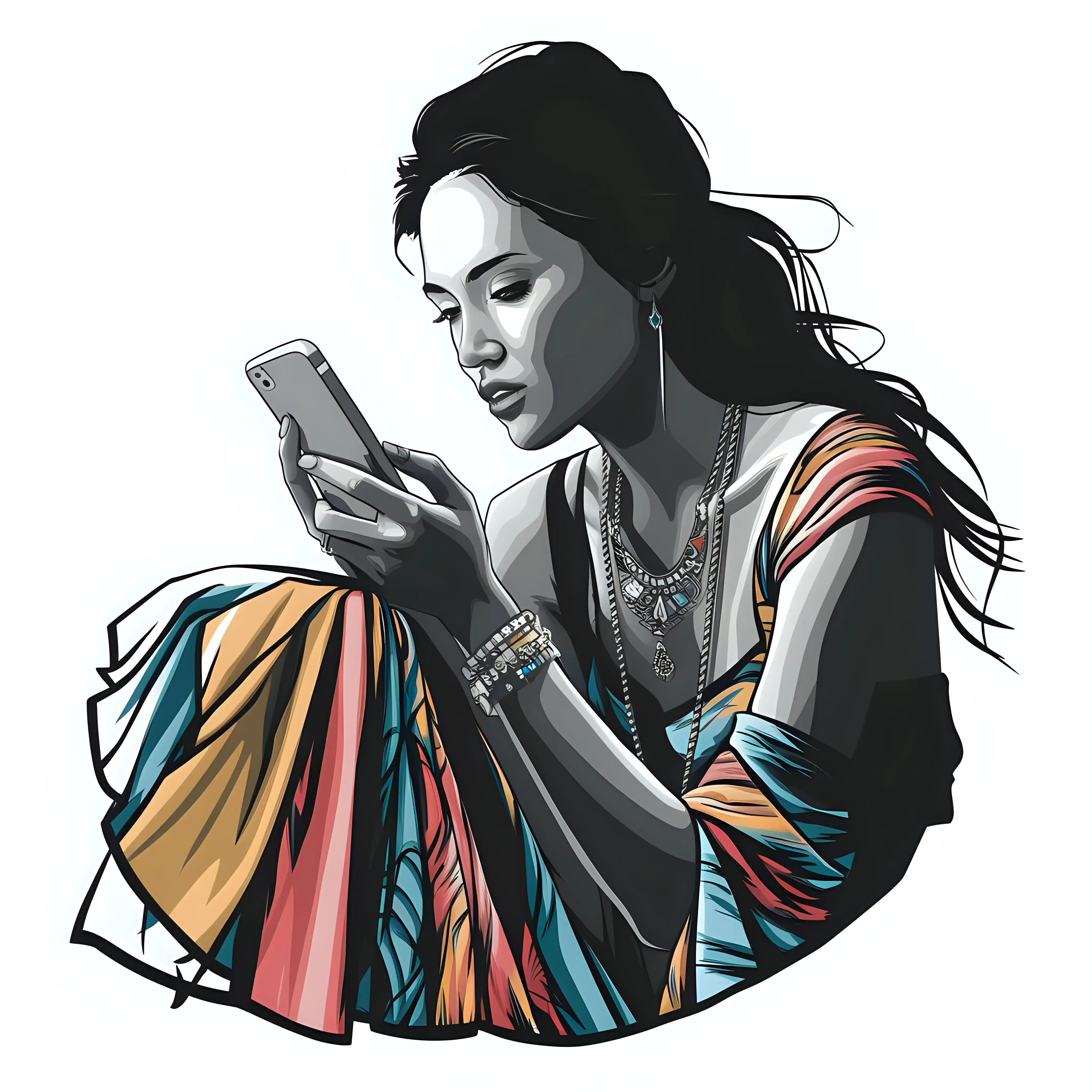 Graphic T-shirt design.  Vectorised with solid outlines.

lady concentrating on phone

Style: bohemian
Mood:  boho chic
Solid White Background