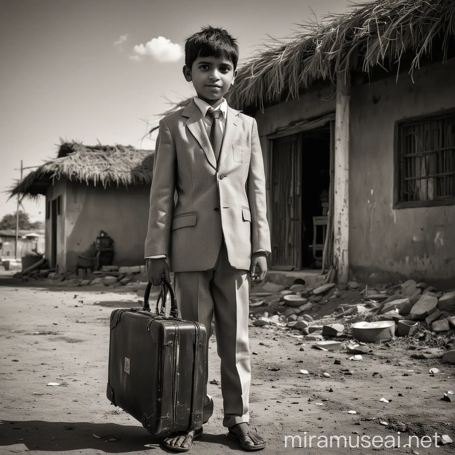 The thumbnail captures the inspiring transformation of an Indian Marwadi boy, born in 1988, who rose from poverty to become one of the richest businessmen in India. The left side of the thumbnail features a black and white image of the boy in tattered clothes, symbolizing his humble beginnings in a poor Marwadi family. His eyes are filled with determination and hope. The background is a rural setting, with a thatched roof hut, highlighting his modest origins.  On the right side, a vibrant, full-color image showcases the same boy, now a confident, well-dressed businessman. He is standing in front of a luxurious office building, representing his immense success. His pose is confident, holding a briefcase in one hand and a smartphone in the other. The background includes elements of the modern cityscape, symbolizing progress and prosperity.