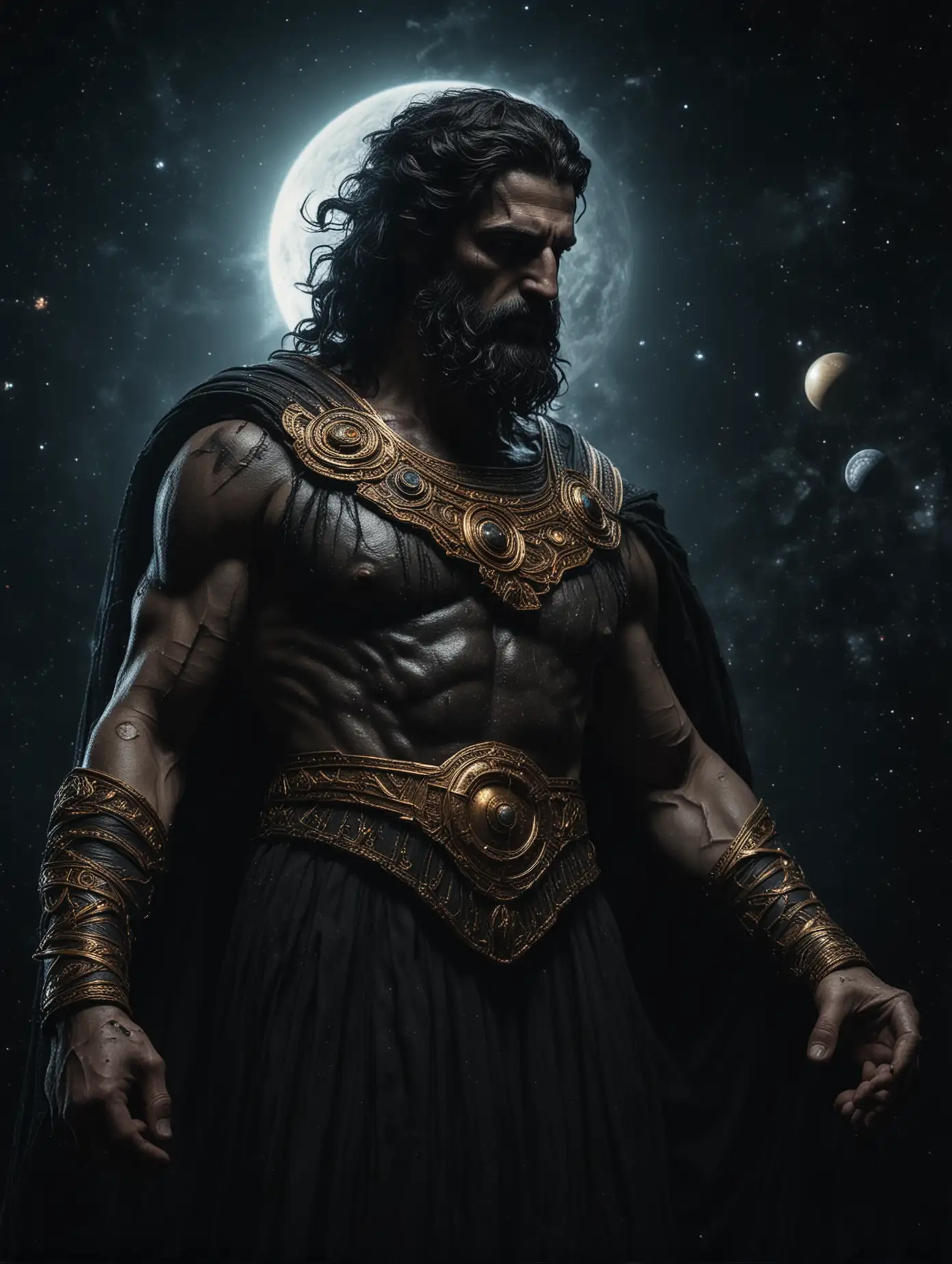 The primordial darkness embodying a greek god, erebus wearing ancient greek glothing, galaxy with solar system as background, [cinematic, soft studio lighting, backlighting, dark background]