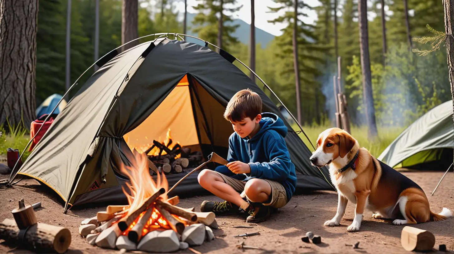 Young Boy Building Campfire with Dog in Nature