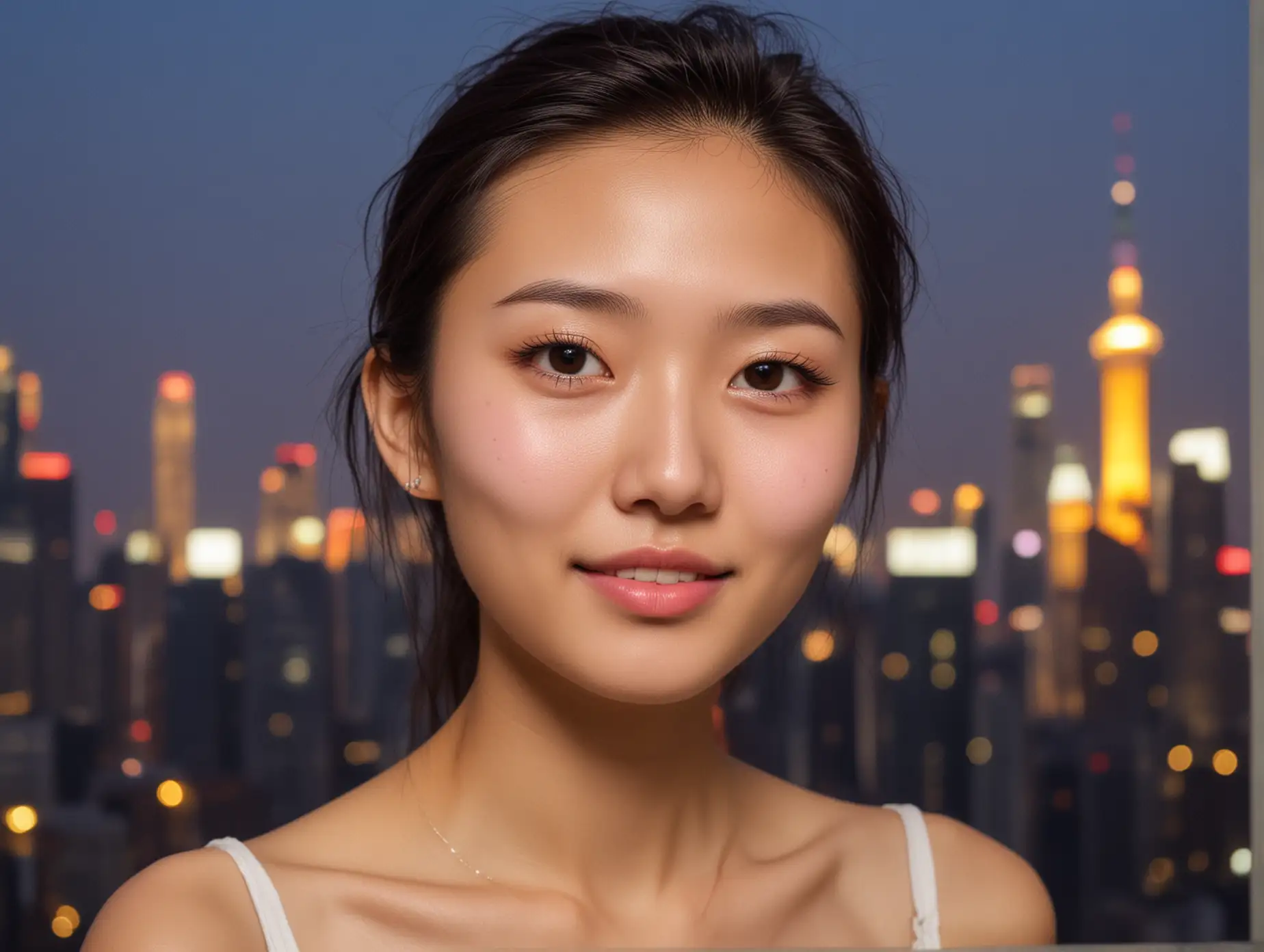 face of an angelic skinny 25 year old chinese woman at a party at dusk in a luxury high rise in shanghai. she has a sweet joyful face and soulful intelligent eyes.