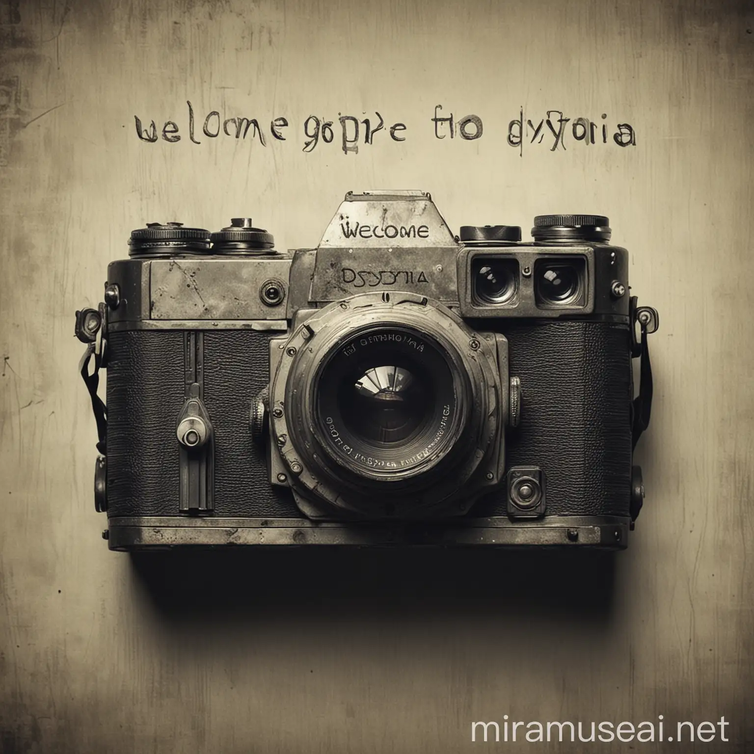 A Dystopia, writing: Welcome to Dystopia, a camera picture on it.