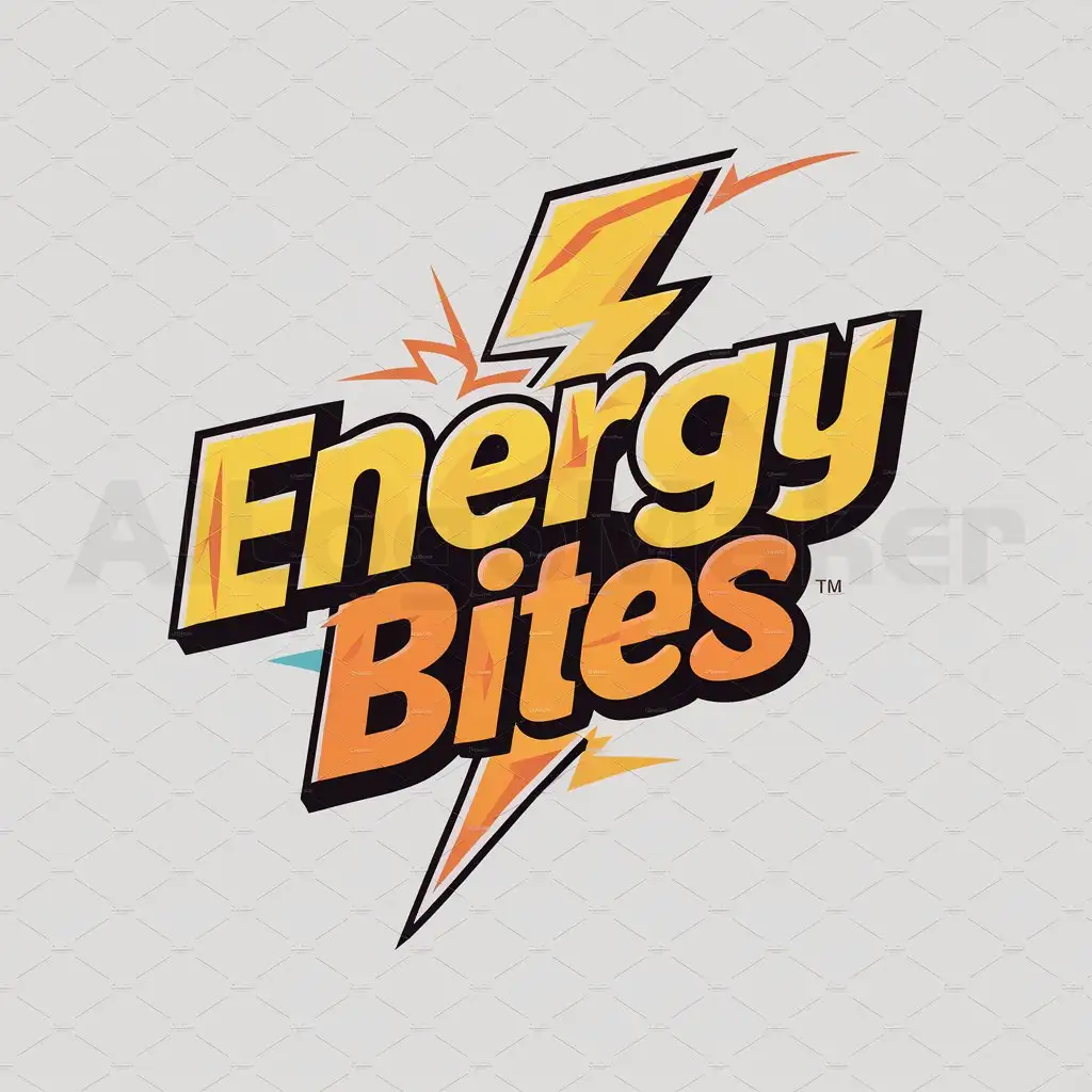 a logo design,with the text "Energy Bites", main symbol:Lightning Bolt merged with the Logo name, appealing font, bright colors like Yellow, Orange, Bright Blue,complex,be used in Food industry,clear background