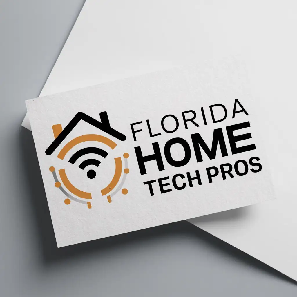 a logo design,with the text "FLORIDA HOME TECH PROS", main symbol:this logo should include wifi and a home icon. preferred colors are dark orange, black, and blue. must be a white paper or wall mockup,Moderate,clear background