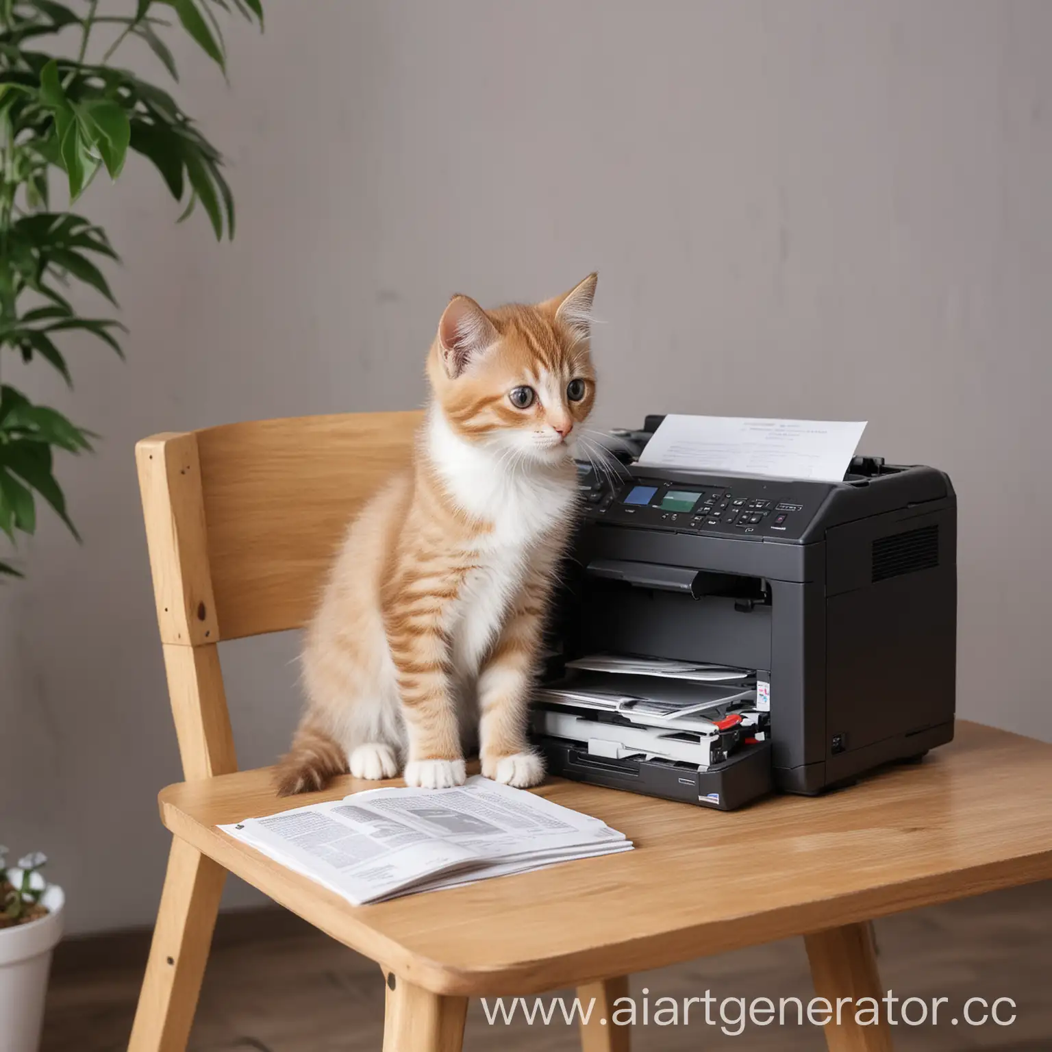 котик сидит на стуле, рядом стоит мфу принтер, котик печатает книги, проекты, документы, офис технического сервиса