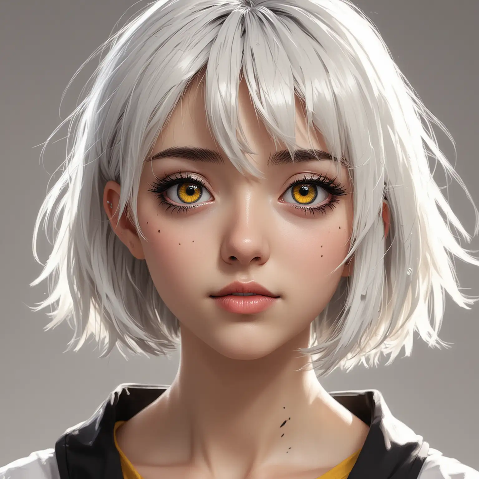 The image showcases a head-and-shoulders portrait of a young woman drawn in an anime style. Large, expressive eyes. Her short, white hair is styled in a bob. The use of black and white with splashes of yellow adds a modern and striking contrast, enhancing the overall visual appeal. The art style suggests a contemporary take on traditional anime aesthetics, appealing to a younger audience. The image exudes a sense of quiet confidence and individuality, reflecting themes of self-expression and personal style often found in anime and manga.