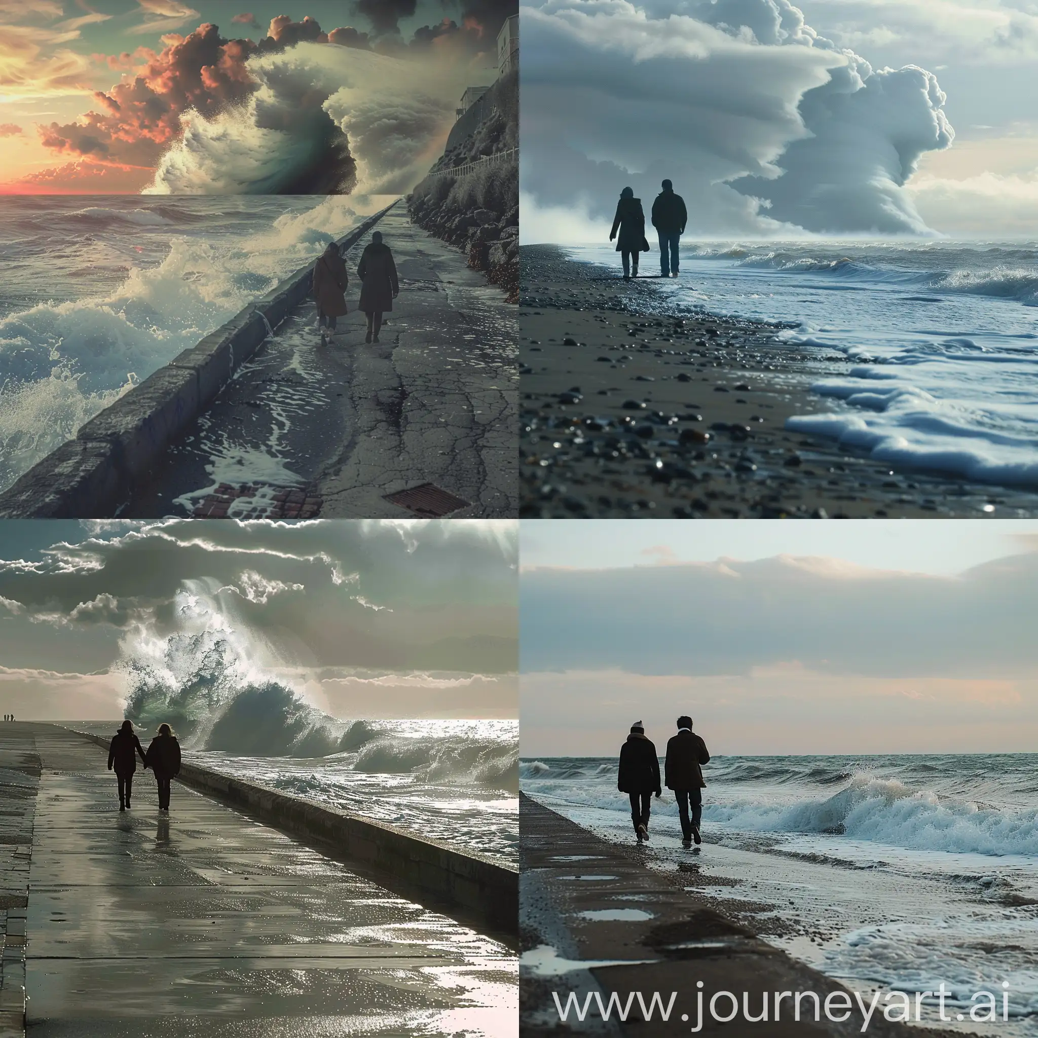 два человека гуляют по набережной океана в момент, когда на горизонте видно цунами
