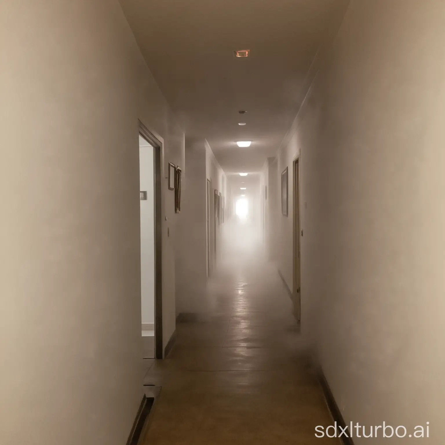 hallway completely filled with smoke from bottom to top