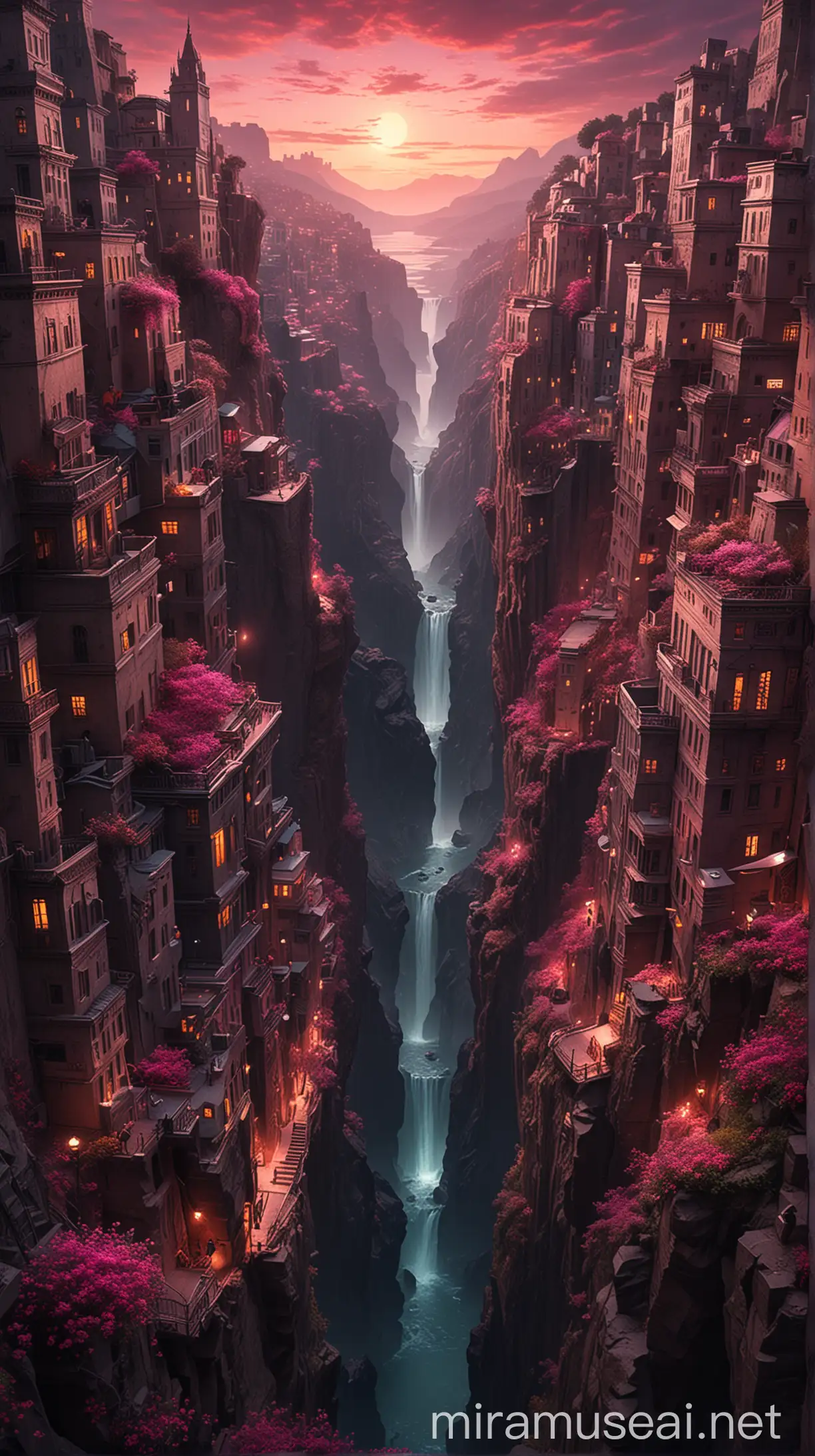 In the ethereal glow of a magenta-tinted world, a lone figure stands atop a precipice, transfixed by the breathtaking sight before him. Below, nestled within the cradle of the cliff's embrace, lies a city unlike any other-a metropolis born of dreams, a testament to the boundless creativity of the human spirit. As the radiant sun casts its warm embrace over the scene, every corner of this surreal cityscape is illuminated with a heavenly glow, painting the landscape in hues of rose and gold. Skyscrapers stretch skyward like towering monoliths, their angular silhouettes cutting a striking contrast against the horizon. Yet, there's an otherworldly quality to this city, an aura of the fantastical that defies logic and reason. Streets twist and turn in mesmerizing patterns, leading the eye on a journey of discovery through alleyways adorned with shimmering lights and cascading waterfalls.For the man on the cliff's edge, this sight is nothing short of miraculous-a city that was never meant to be, yet exists in all its splendor before his eyes. In this moment, he feels a swell of emotion rising within him-an overwhelming sense of wonder, gratitude, and perhaps even a hint of melancholy for the beauty of a world that exists only in dreams.