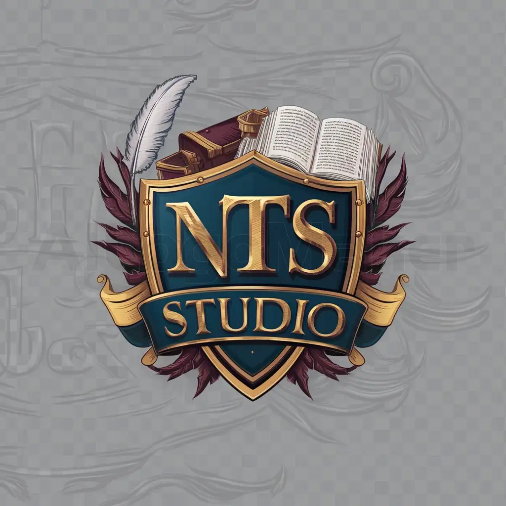a logo design,with the text "NTS", main symbol:Crest Logo: Create a crest with the initials "NTS" in the center, surrounded by symbols like a book or quill to signify storytelling and nobility.

Royal Font: Use a classy and elegant font for "NTS Studio" to convey a sense of nobility. Add subtle elements like a crown or laurel wreath to enhance the regal theme.

Book and Shield: Combine a book and a shield in the logo design. The book represents storytelling, while the shield symbolizes protection and strength, fitting for a noble theme.

Color Scheme: Choose colors like deep blue, gold, or burgundy for a royal touch. These colors are often associated with nobility and elegance.

,Moderate,clear background
