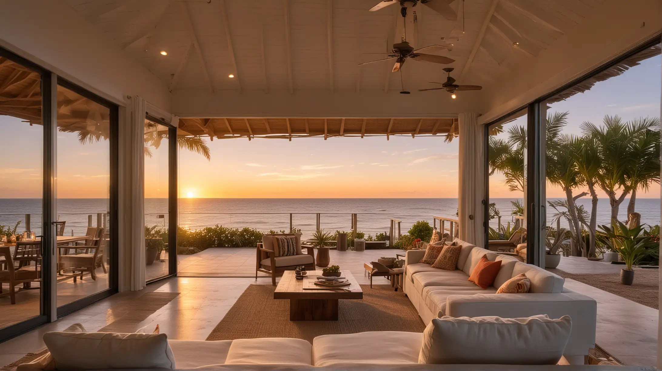 the interior living room area of an oceanfront vacation bungalow looking outward at the sunset with outdoor living spaces and soft lighting elements