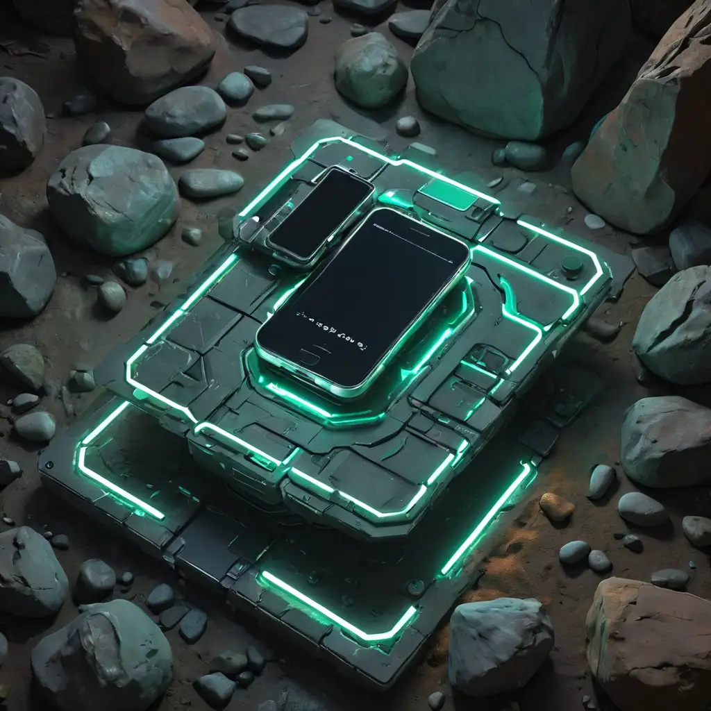 яркий 3д низкий роботизированный пьедестал с телефоном киберпанк из будущего зеленый неон и скалы вид сверху 