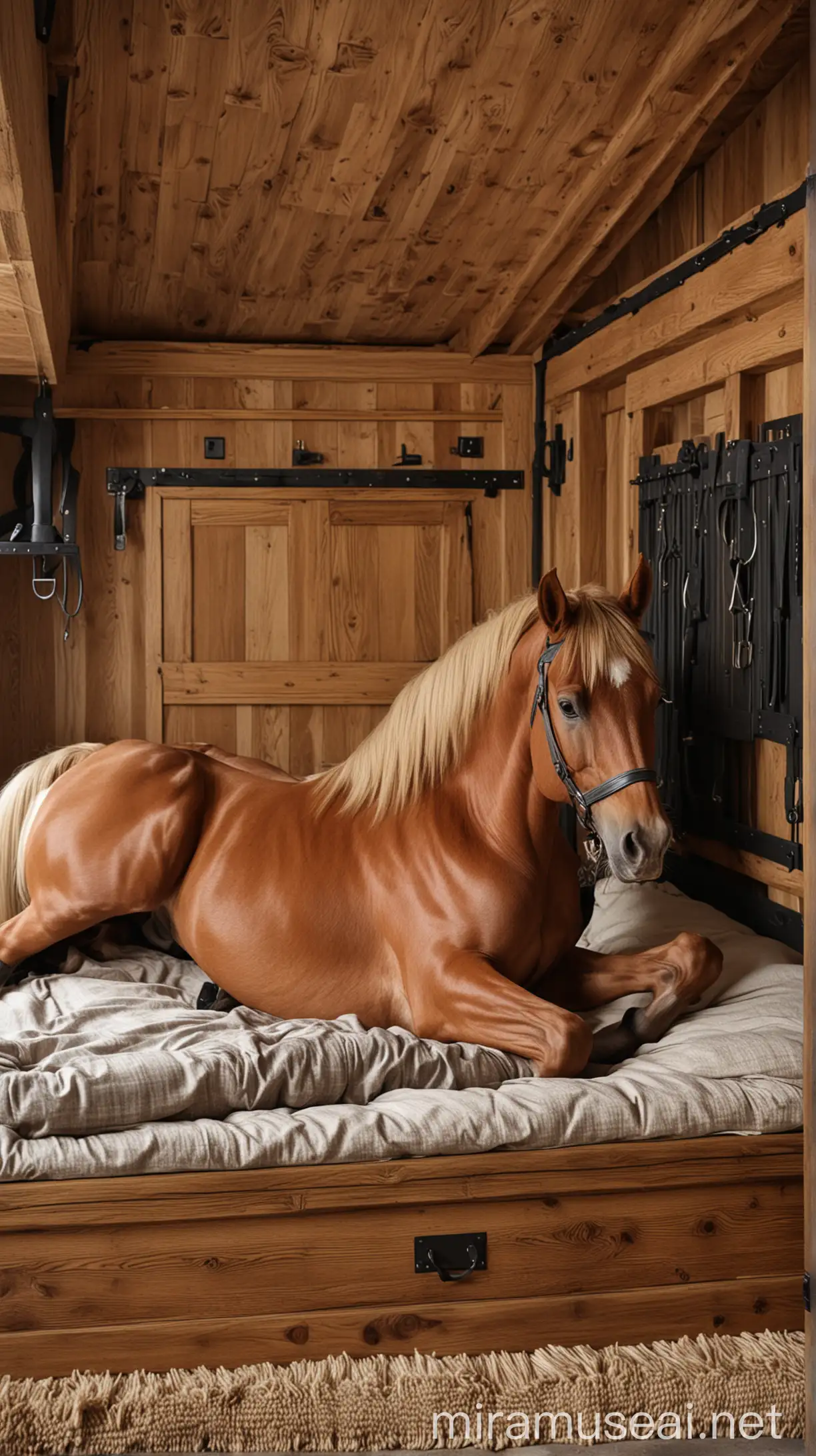 a horse lying on a luxurious bed made of oak, inside a stable made of wood and black hardware