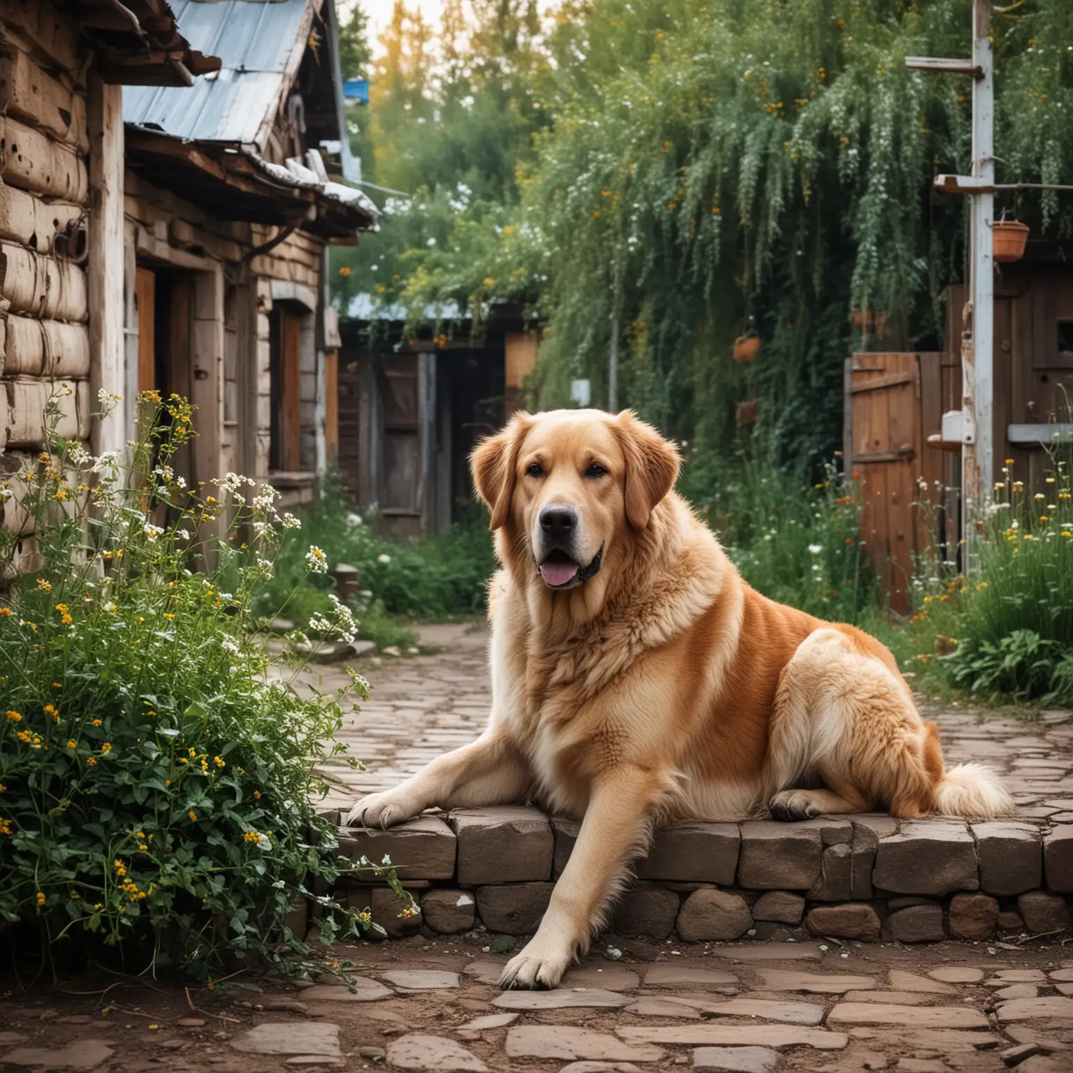 крупная собака радостно ждет своего любимого хозяина во дворе в русской деревне красивая природа
