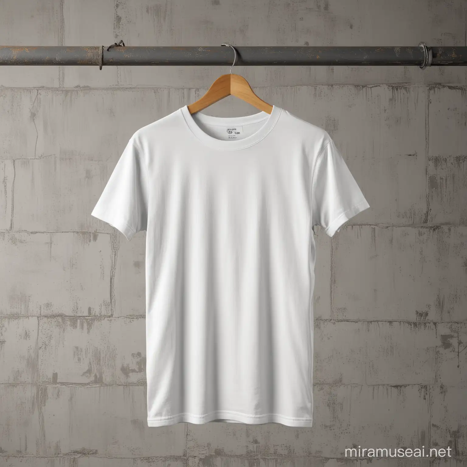 Gildan 64000 white t-shirt mockup, hanging, cement industrial studio background

