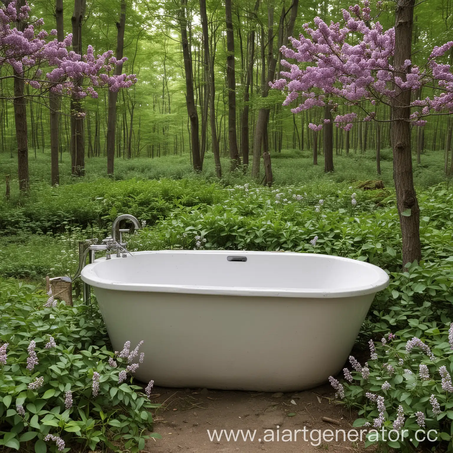 Tranquil-Forest-Scene-with-Oval-Bathtub-and-Lilacs
