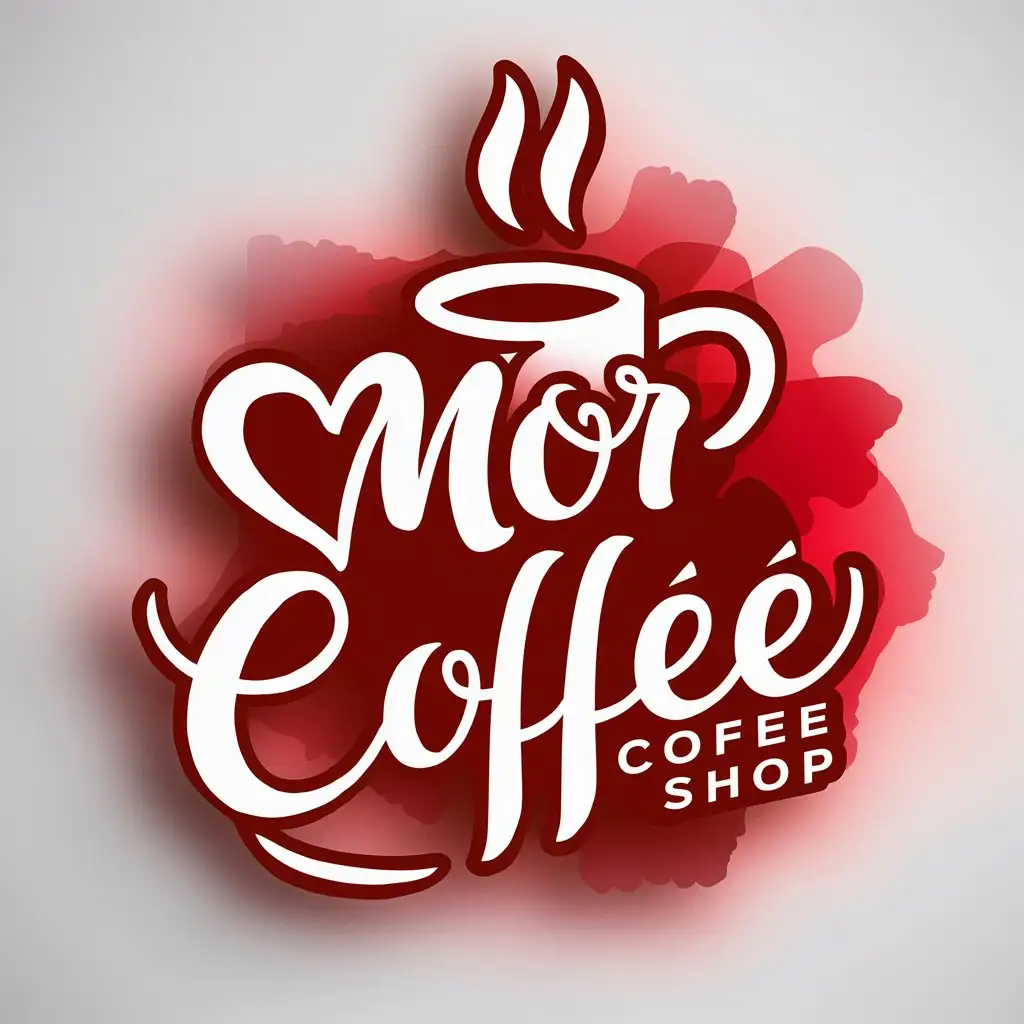 a logo design,with the text "MOR coffee", main symbol:The coffee shop is called MOR coffee, which in Spanish mean love coffee and it plays in English like more coffee. Preferred color is blend of reds and pinks. Logo must be white wall or signboard mockup,Moderate,clear background