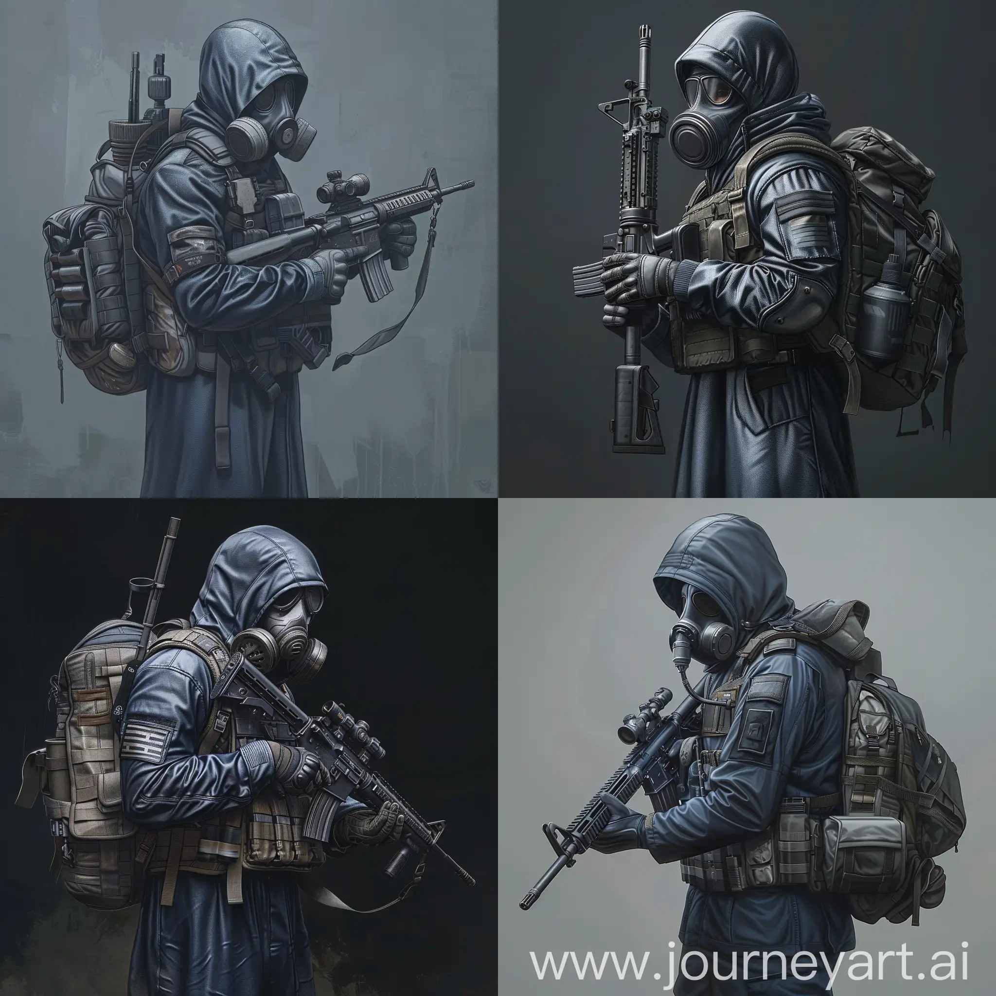 Digital design character, a mercenary from the universe of S.T.A.L.K.E.R., dressed in a dark blue military raincoat, gray military armor on his body, a gasmask on his face, a military backpack on his back, a rifle in his hands.