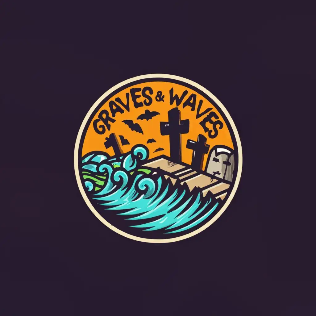 a logo design,with the text "Graves & Waves", main symbol:halloween style beach with a graveyard,Moderate,be used in clothing industry,clear background