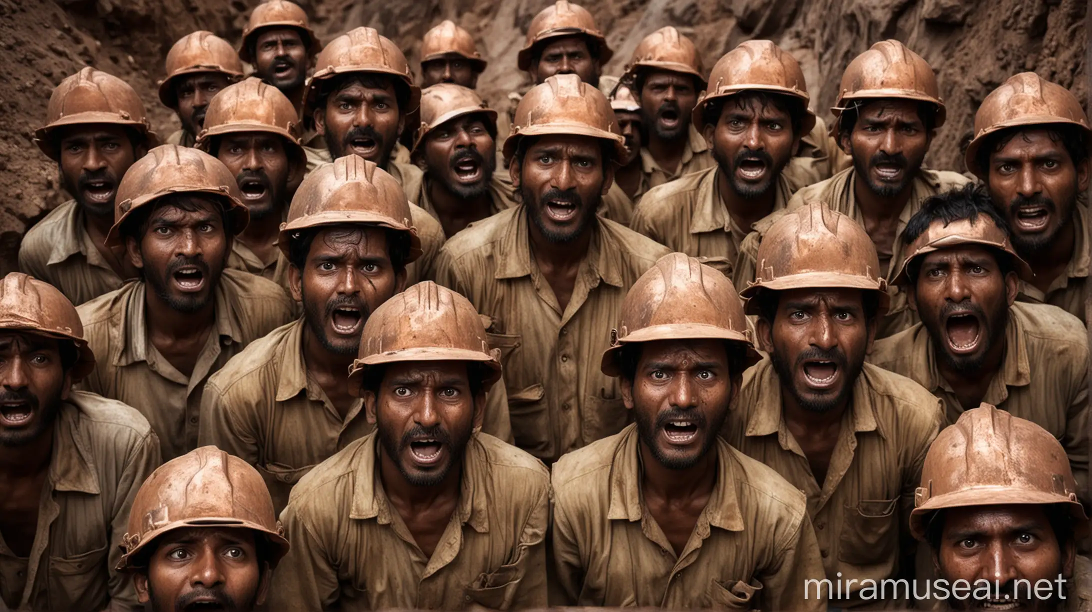 14 Indian workers were trapped in a copper mine, scared faces, dark scene,