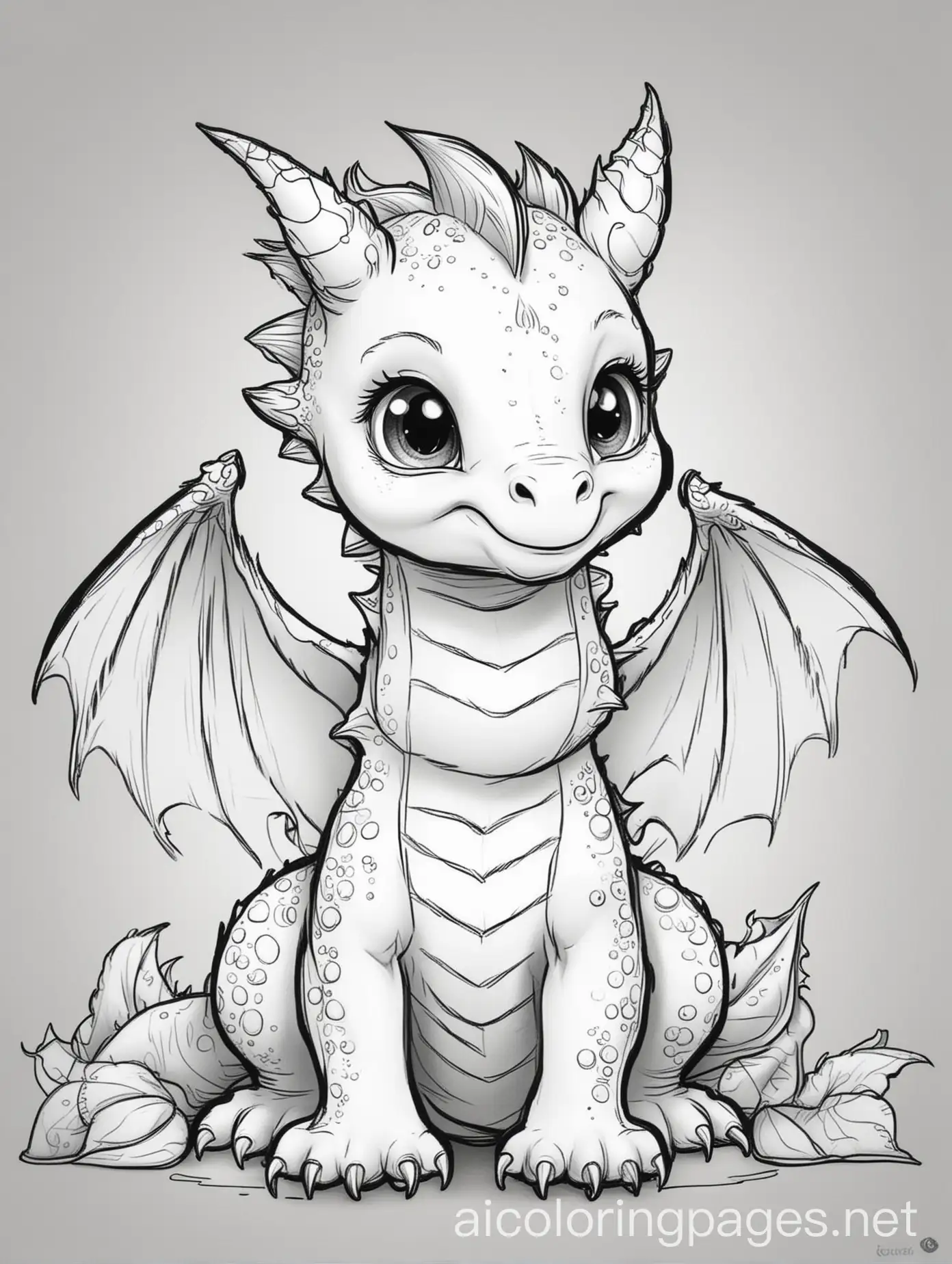 baby dragon, background, line art, black and white, cartoon style, Coloring Page, black and white, line art, white background, Simplicity, Ample White Space. The background of the coloring page is plain white to make it easy for young children to color within the lines. The outlines of all the subjects are easy to distinguish, making it simple for kids to color without too much difficulty