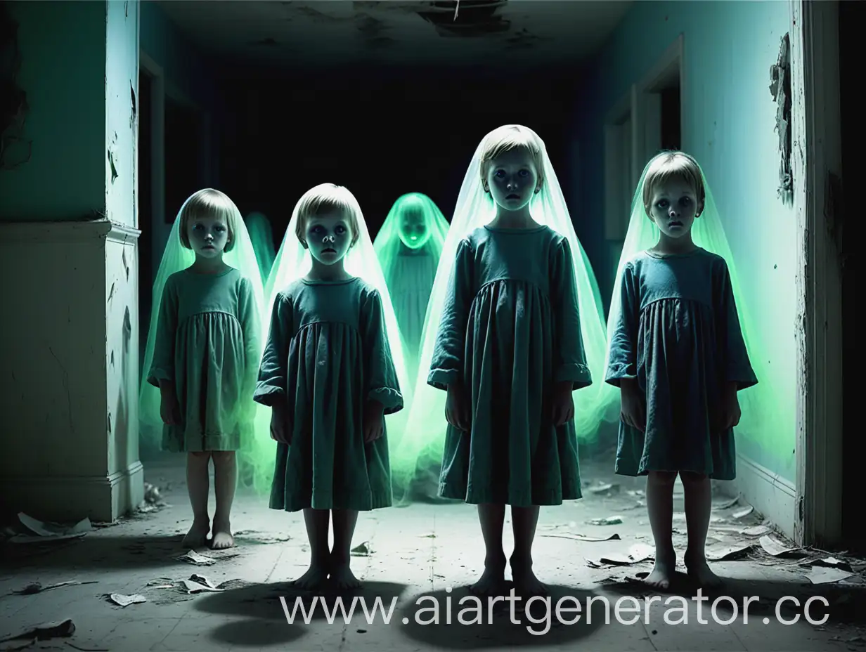 Create a haunting image of a group of children’s souls, represented as ghostly figures. The scene should be set in an eerie and abandoned المكان, with a sense of silence and broken, flickering lights. The color palette should be a mix of dark blues and greens with hints of flickering neon.