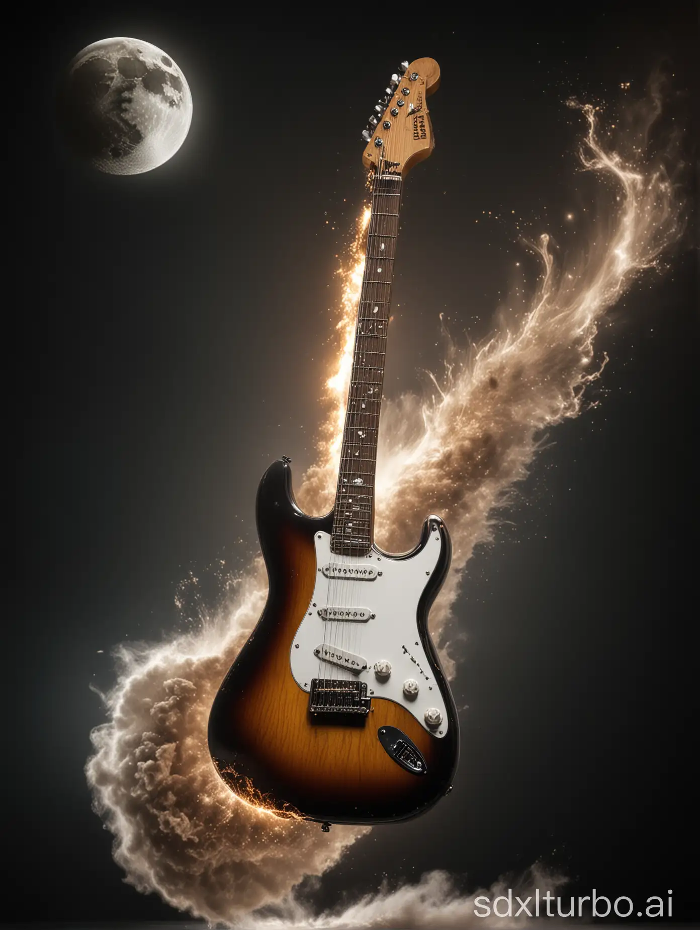 An electric guitar doing A Swift Kick to The Moon
Extremely photo reslistic high resolution imaging.