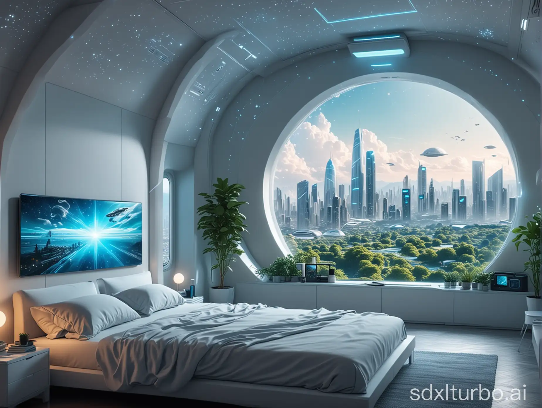 科幻卧室 白色和淡蓝色调  男人与全息投影智能管家交谈 星空穹顶  未来城市天际线 空中自主飞行器 8k画质 现实风格 窗外城市绿植