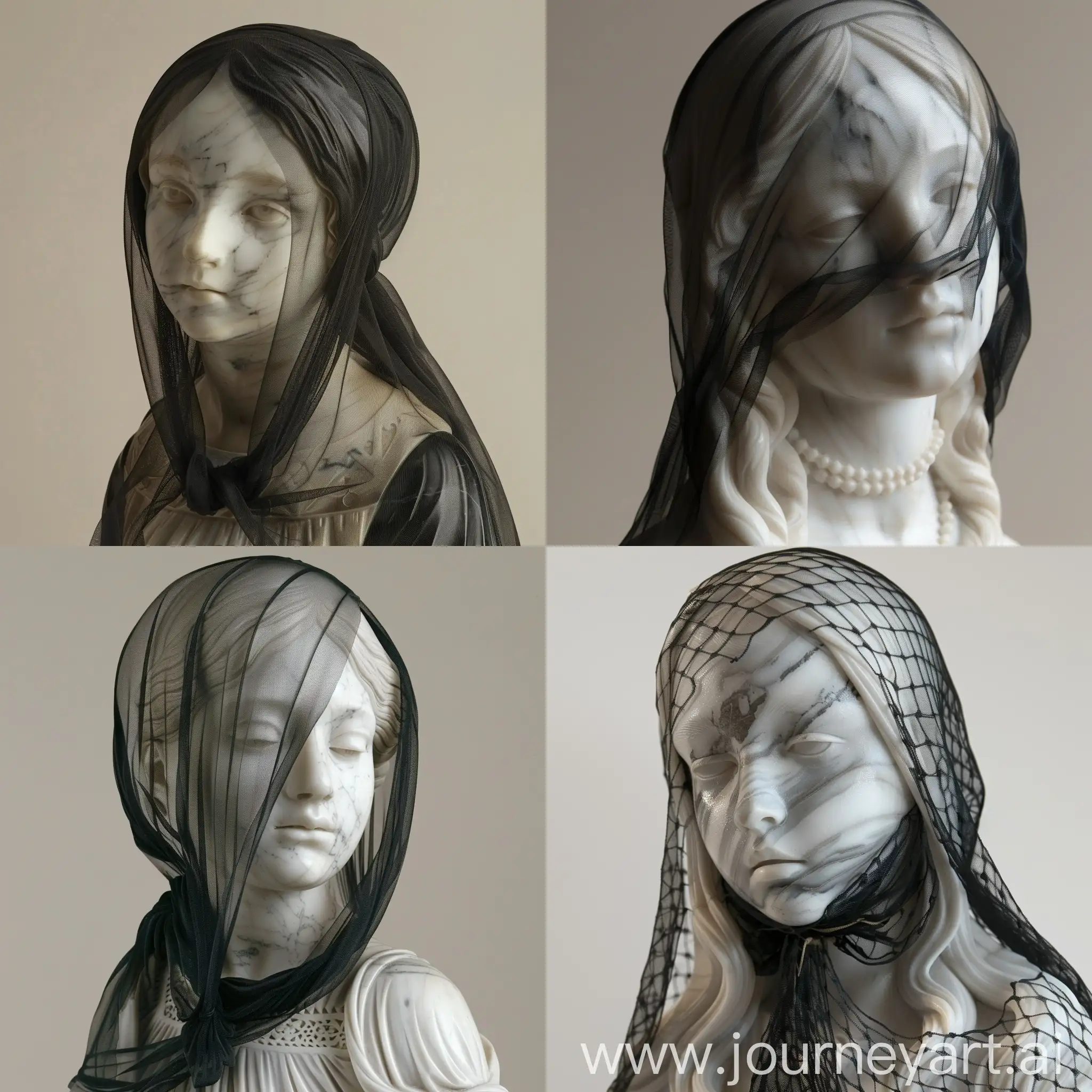 A marble sculpture of a girl ,she has a black veil on her face