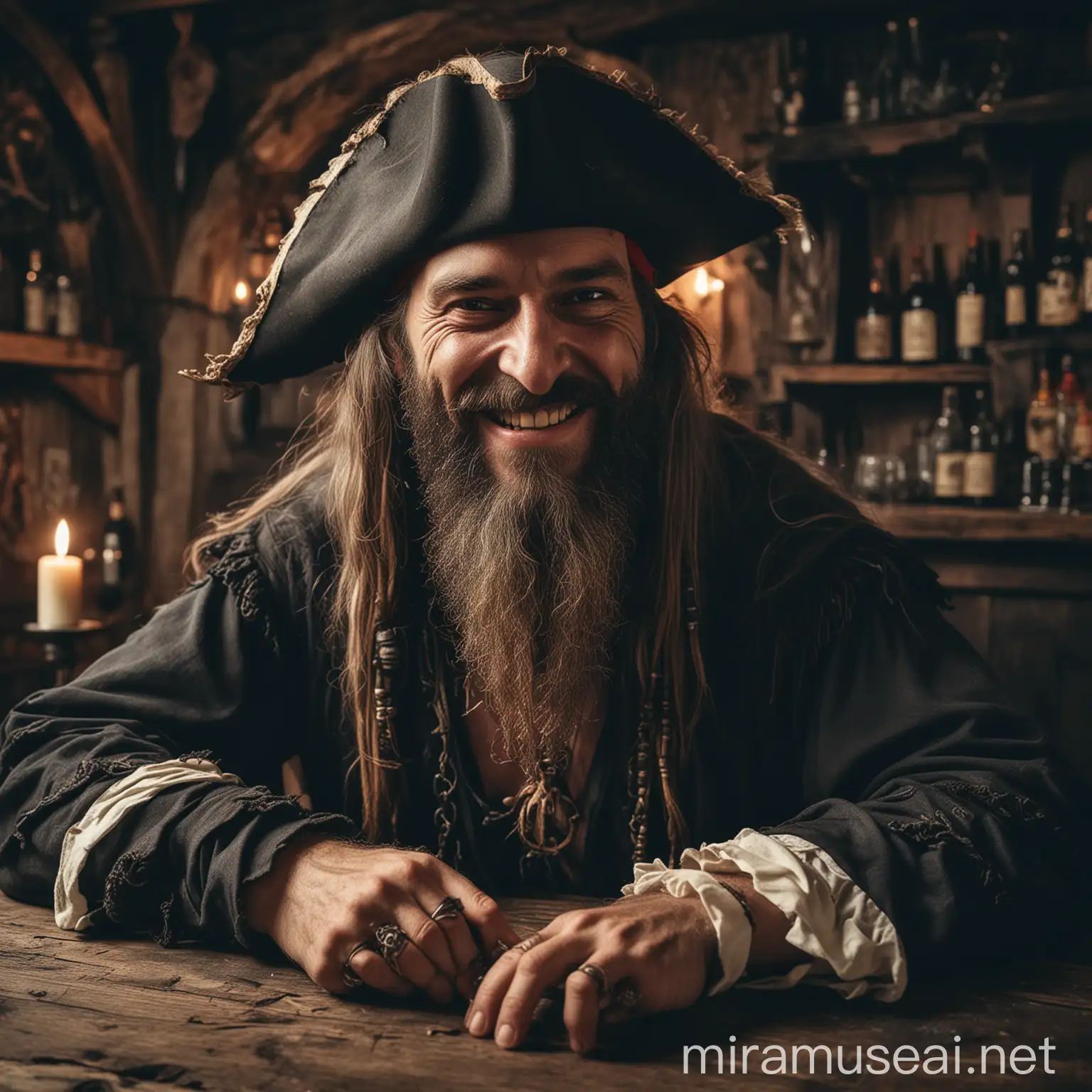 Ein Pirat mit fröhlichem Gesicht und langem Bart sitzt zusammen mit dem Sensenmann am Tresen einer mittelalterlichen Taverne und trinkt Wein und Rum