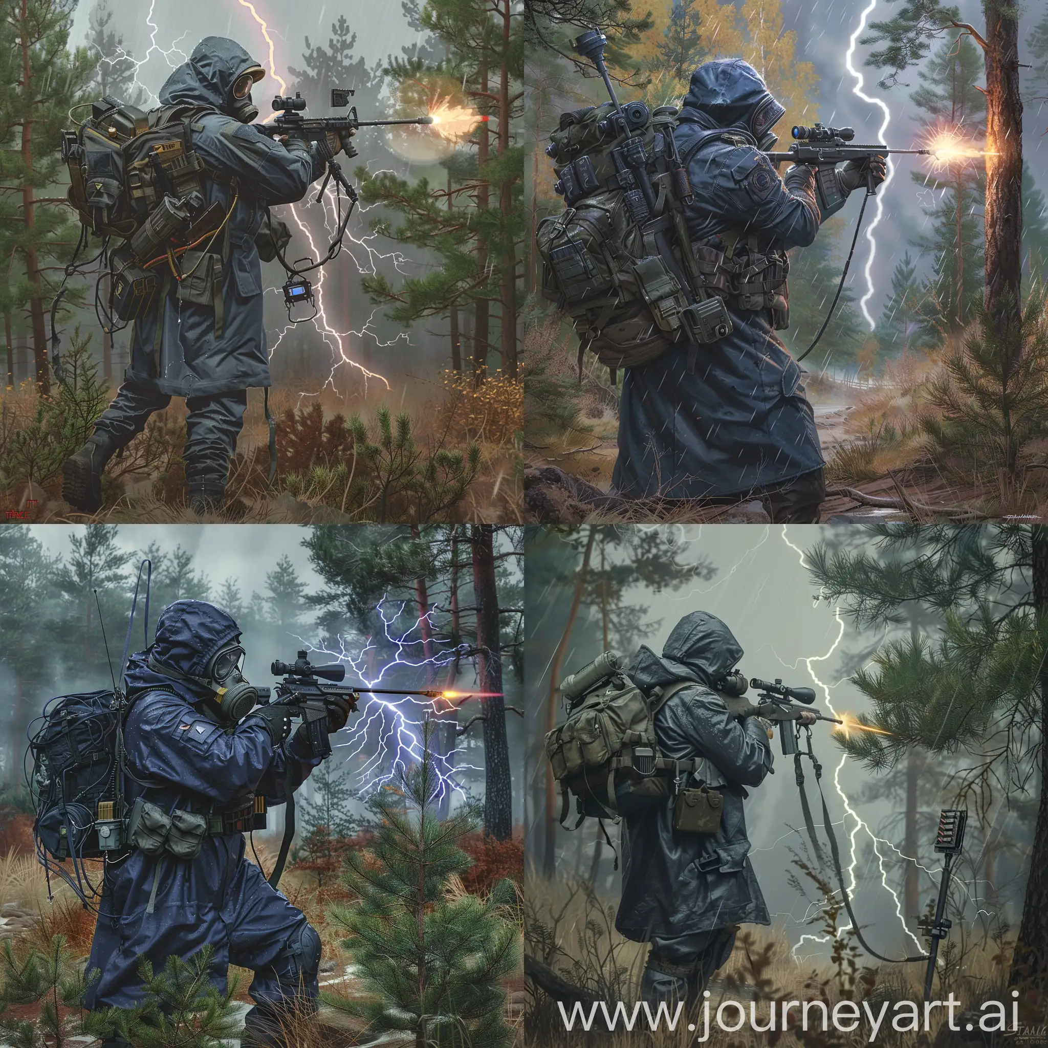 Art  a mercenary from the universe of S.T.A.L.K.E.R., a mercenary dressed in a dark blue military raincoat, gray military armor on his body, a gasmask on his face, a small military backpack on his back, with one hand he holds a sniper rifle, in the other hand he has a small scientific device for finding artifacts, a mercenary It stands in a remote overgrown pine forest next to a large electrical anomaly that illuminates everything around, the weather is gloomy autumn.