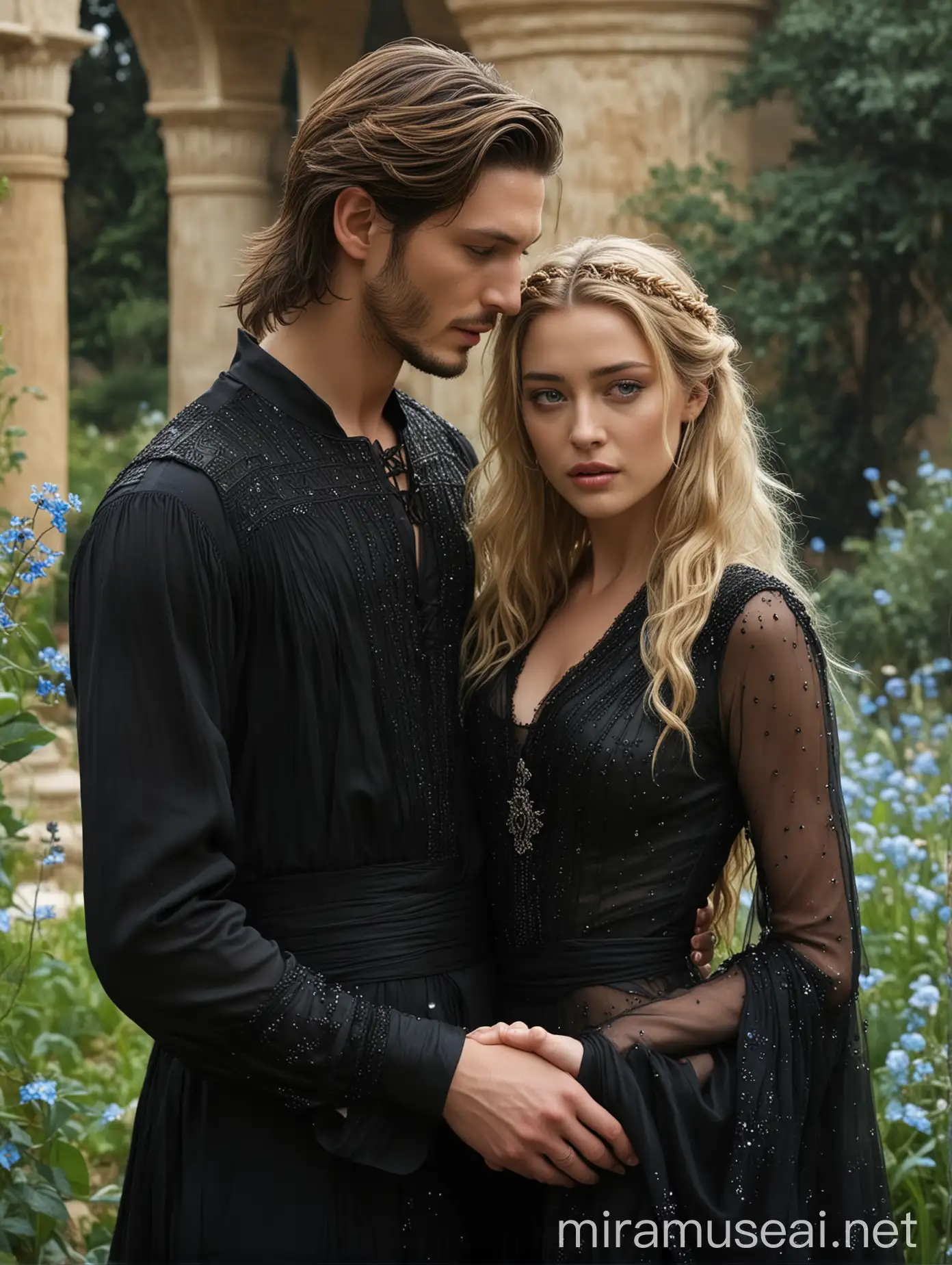 Ben Barnes and Amber Heard as a couple inlove, thet are in a garden of a Egyptian palace, ethereal atmosphere, wizard clothing fantasy, masterpiece, top quality, She is holding a pair of forget-me-nots flowers with her hands, she is wearing a sensual and semitransparent black silk chiffon dress made up of light particles of white crystal, the dress flows ethereally in the water until it mixes with the water until it disappears, She has has blonde hair, she has blue eyes, He is wearing Egyptian black clothes, he has brown hair, he has brown eyes, he has short hair