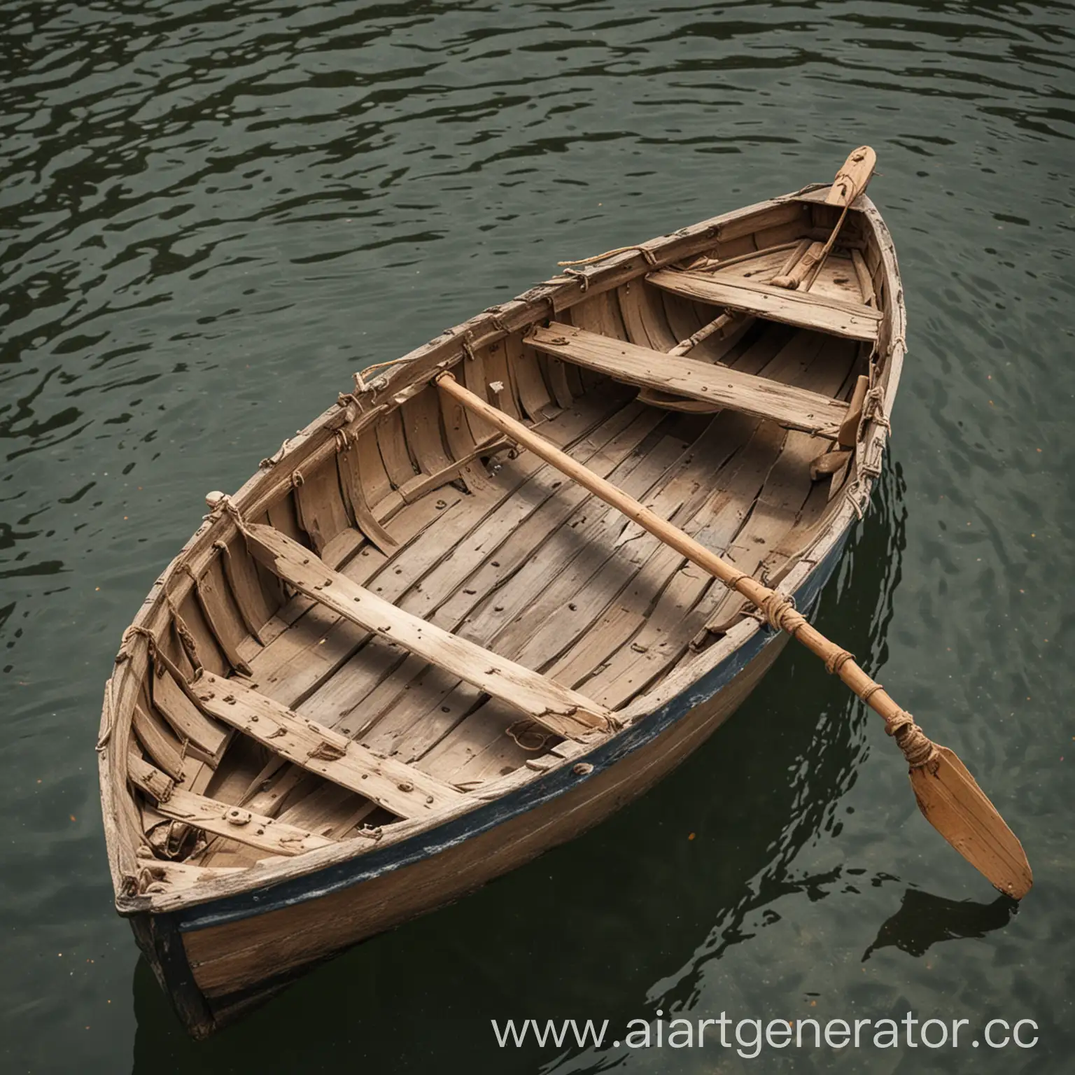 Tranquil-Scene-Small-Wooden-Boat-with-Oars-Floating-on-Calm-Water