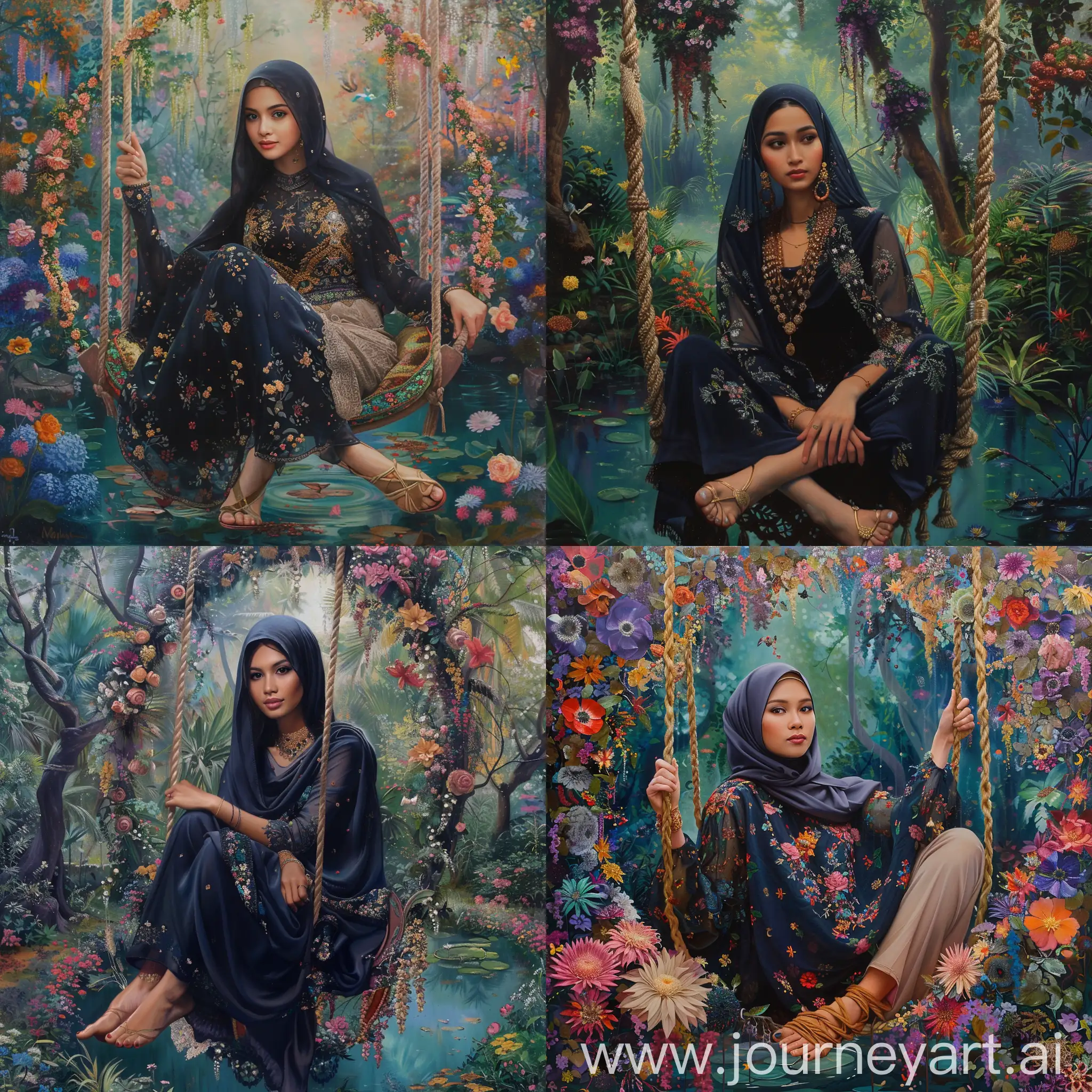 Indonesian-Woman-in-Navy-Abaya-Sitting-on-Floral-Swing-by-Colorful-Pond