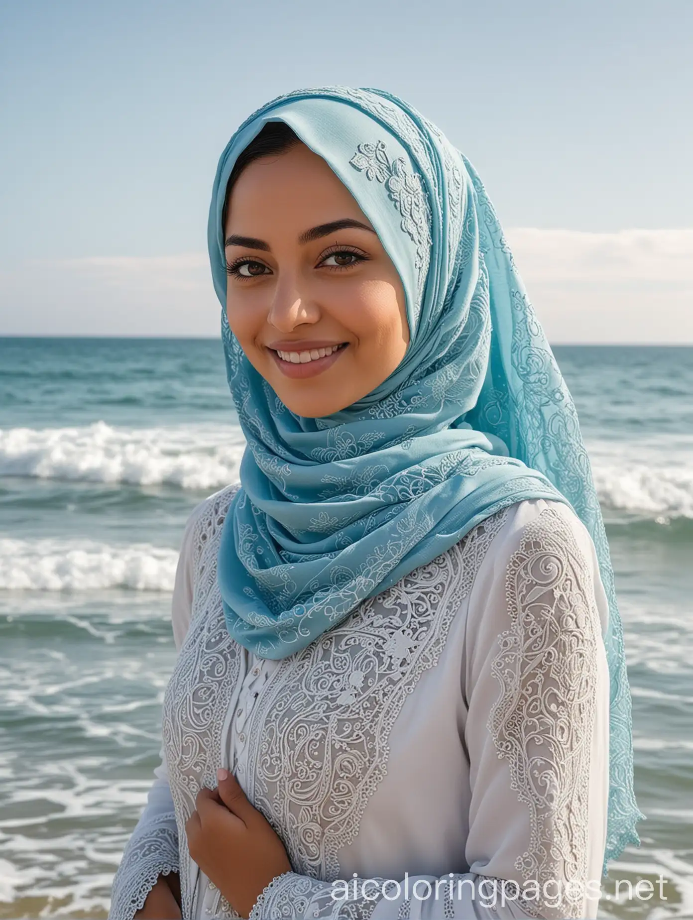 The image features a woman wearing a light blue hijab adorned with intricate embroidery. She is smiling and standing in front of a serene ocean backdrop, with gentle waves visible in the background. The fabric of her hijab is flowing softly in the wind, adding a sense of movement to the scene.  Watermark: Ahmed, Coloring Page, black and white, line art, white background, Simplicity, Ample White Space. The background of the coloring page is plain white to make it easy for young children to color within the lines. The outlines of all the subjects are easy to distinguish, making it simple for kids to color without too much difficulty