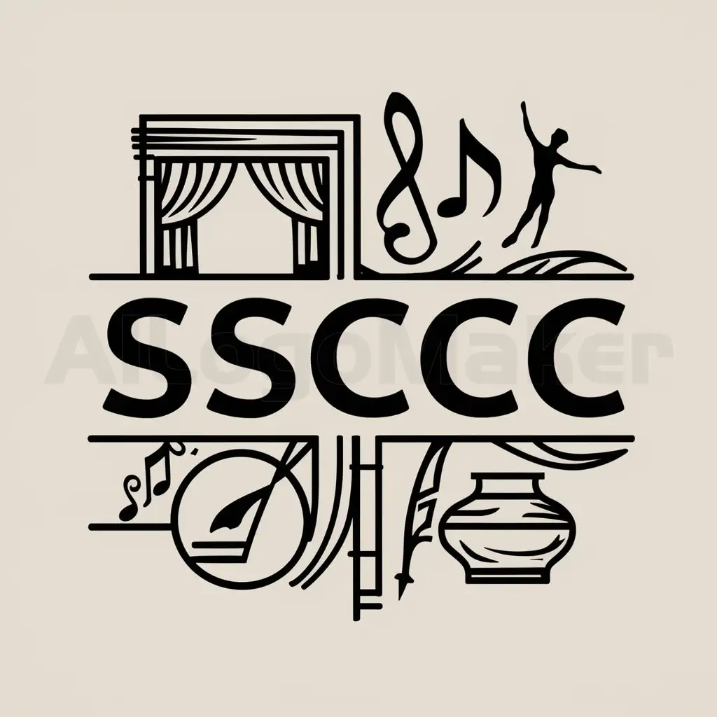 a logo design,with the text "SSCC", main symbol:All aspects of  expression like drama, acting, dance, music, singing, playing, literature, language will be covered.,Moderate,clear background