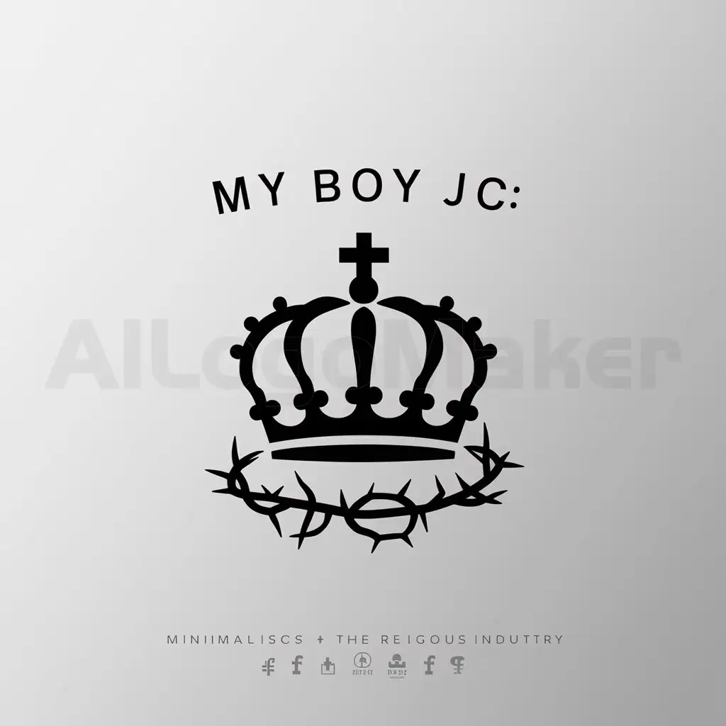 a logo design,with the text "My Boy JC", main symbol:camp crown, cross on top of crown, line of thorns wrapping around bottom of crown,Minimalistic,be used in Religious industry,clear background
