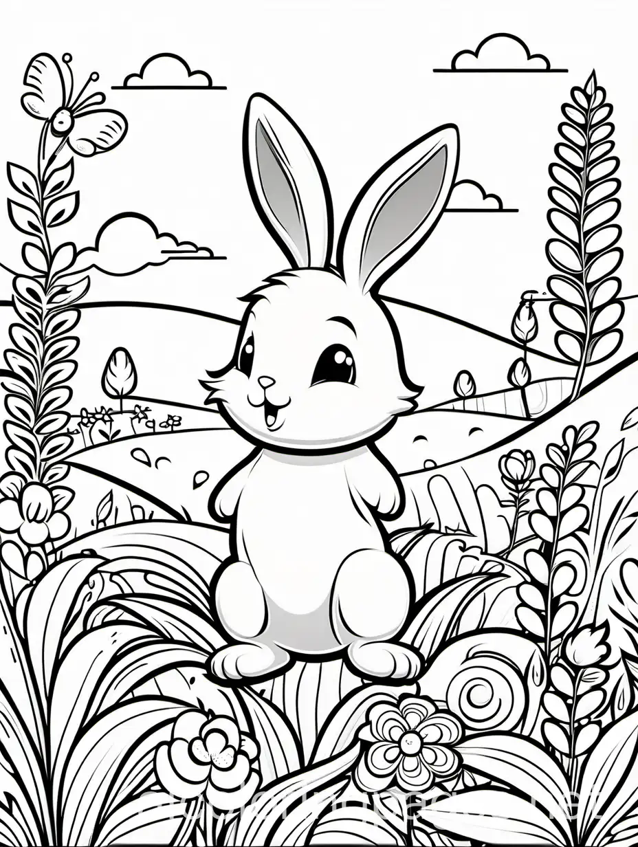 fluffy bunny hopping through a flowery meadow., Coloring Page, black and white, line art, white background, Simplicity, Ample White Space. The background of the coloring page is plain white to make it easy for young children to color within the lines. The outlines of all the subjects are easy to distinguish, making it simple for kids to color without too much difficulty, Coloring Page, black and white, line art, white background, Simplicity, Ample White Space. The background of the coloring page is plain white to make it easy for young children to color within the lines. The outlines of all the subjects are easy to distinguish, making it simple for kids to color without too much difficulty