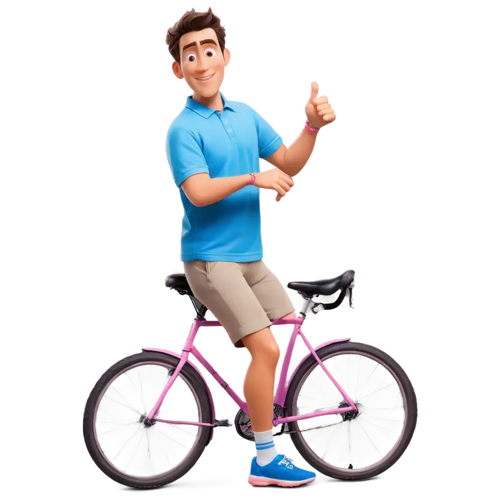 a 36-year-old Disney Pixar style man riding a bicycle wearing running shorts, a blue shirt with blue collars, pink socks, and slippers, giving a cool sign.