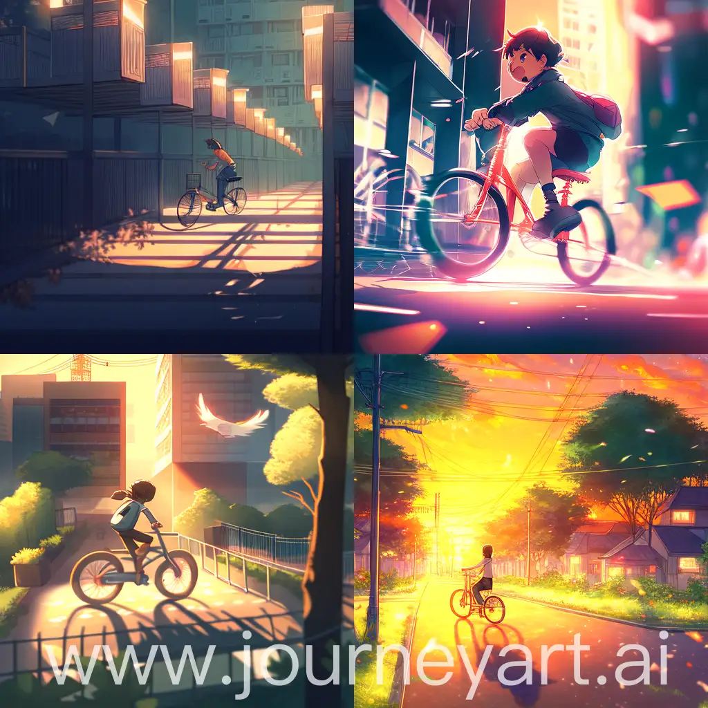 A boy riding a bicycle in a square, anime style