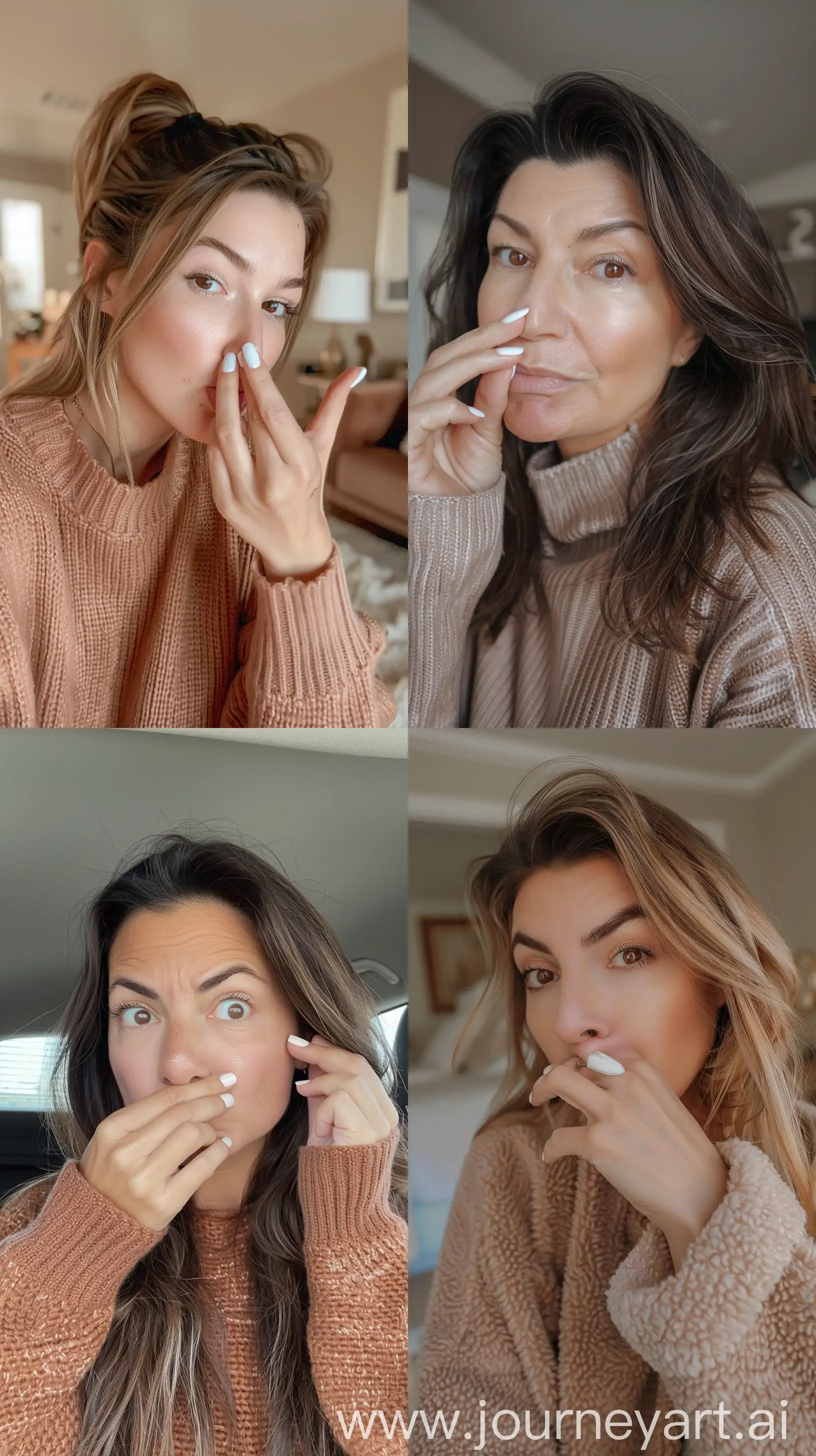 Aesthetic instagram selfie of a Middle School teacher, super model face, woman, mid 40's, soft brown clothing color tones, picking her nose, white gel nail polish --ar 9:16