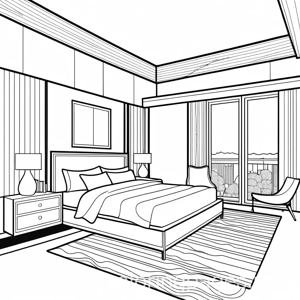 bedroom, Coloring Page, black and white, line art, white background, Simplicity, Ample White Space. The background of the coloring page is plain white to make it easy for young children to color within the lines. The outlines of all the subjects are easy to distinguish, making it simple for kids to color without too much difficulty