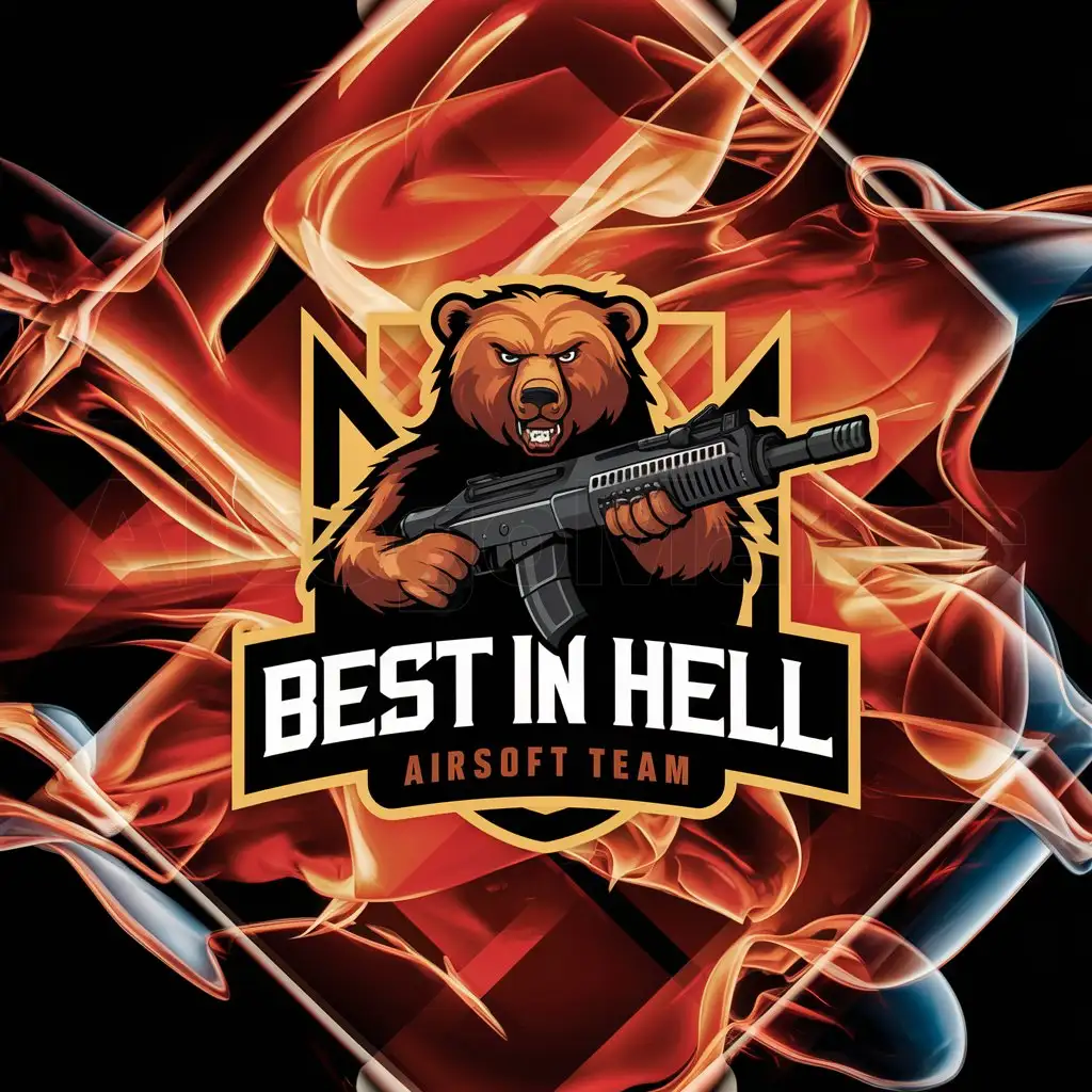 a logo design,with the text "Best in hell airsoft team", main symbol:Bear strikeball automatic Kalashnikov,complex,clear background