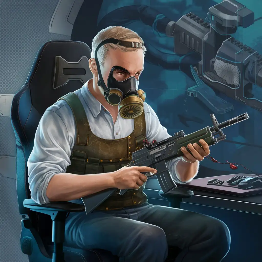 Caucasian Man Wearing Mask Sitting on Gaming Chair Cleaning Firearm