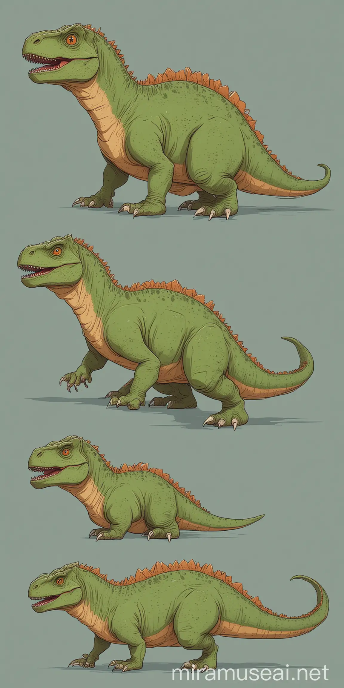 Нарисуй огромного толстого динозавра ящера, который стоит на 4 лапах в векторном плоском стиле. Динозавр смотрит влево, ползет влево.