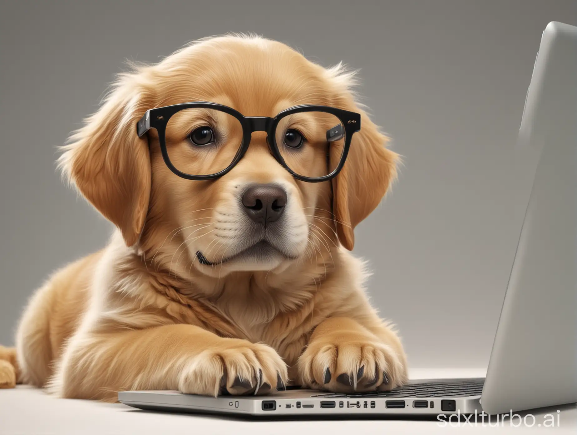 a golden retriever puppy with big glasses, using a laptop, hyper realistic, hyper detailed, 8k