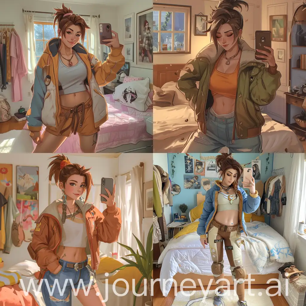 Instagram photo: Cozy vibes of Brigitte from Overwatch in casual and comfortable clothing, realistic version of Brigitte, taking a selfie in her bedroom
