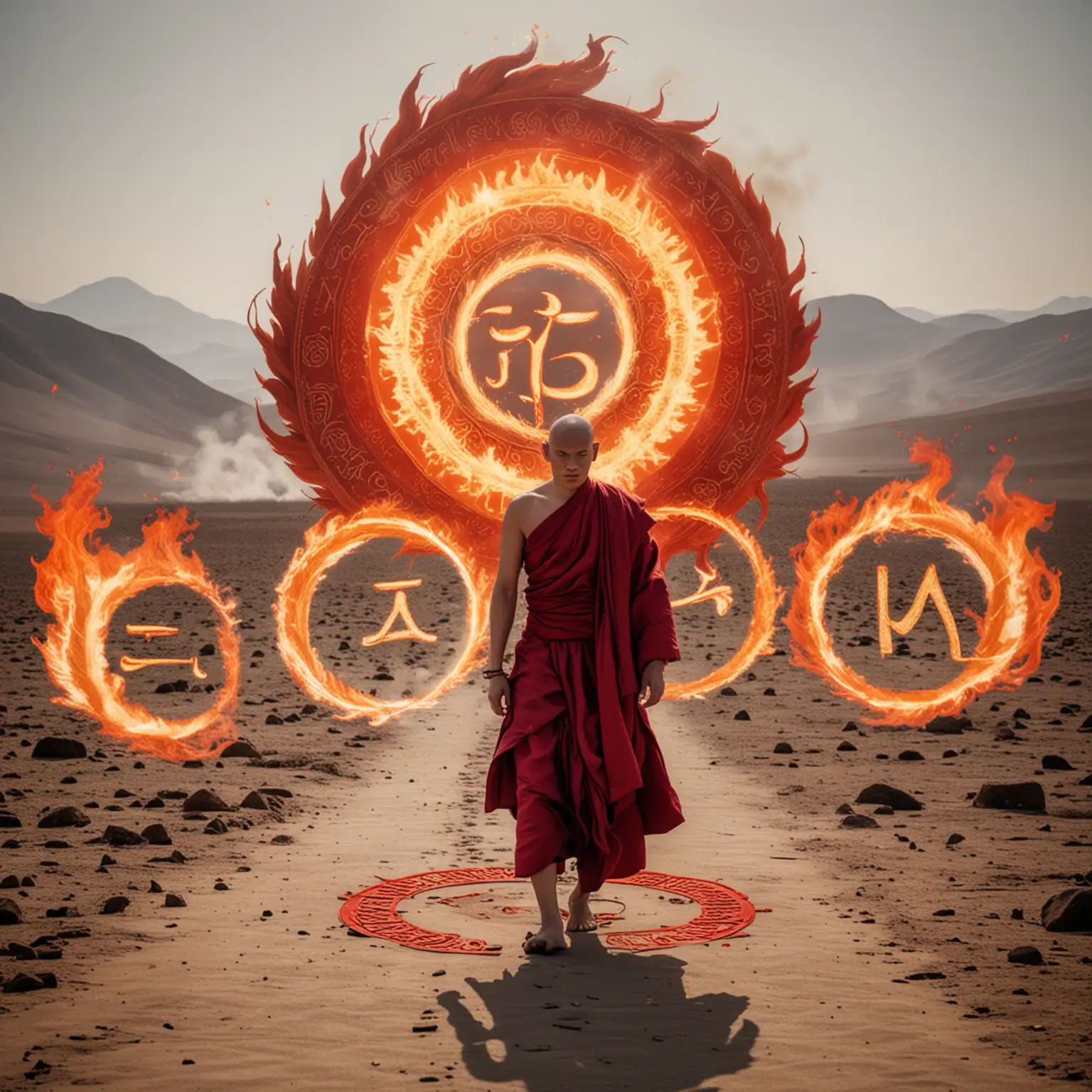 Monje tibetano alto musculoso guapo pelón va caminando en medio del desierto rodeado de círculos de fuego y rodeado de fuego, con un libro blanco que irradia fuego y de fondo un gigantesco dragón rojo y la palabra karma el dragón rojo escrita con letras de fuego 